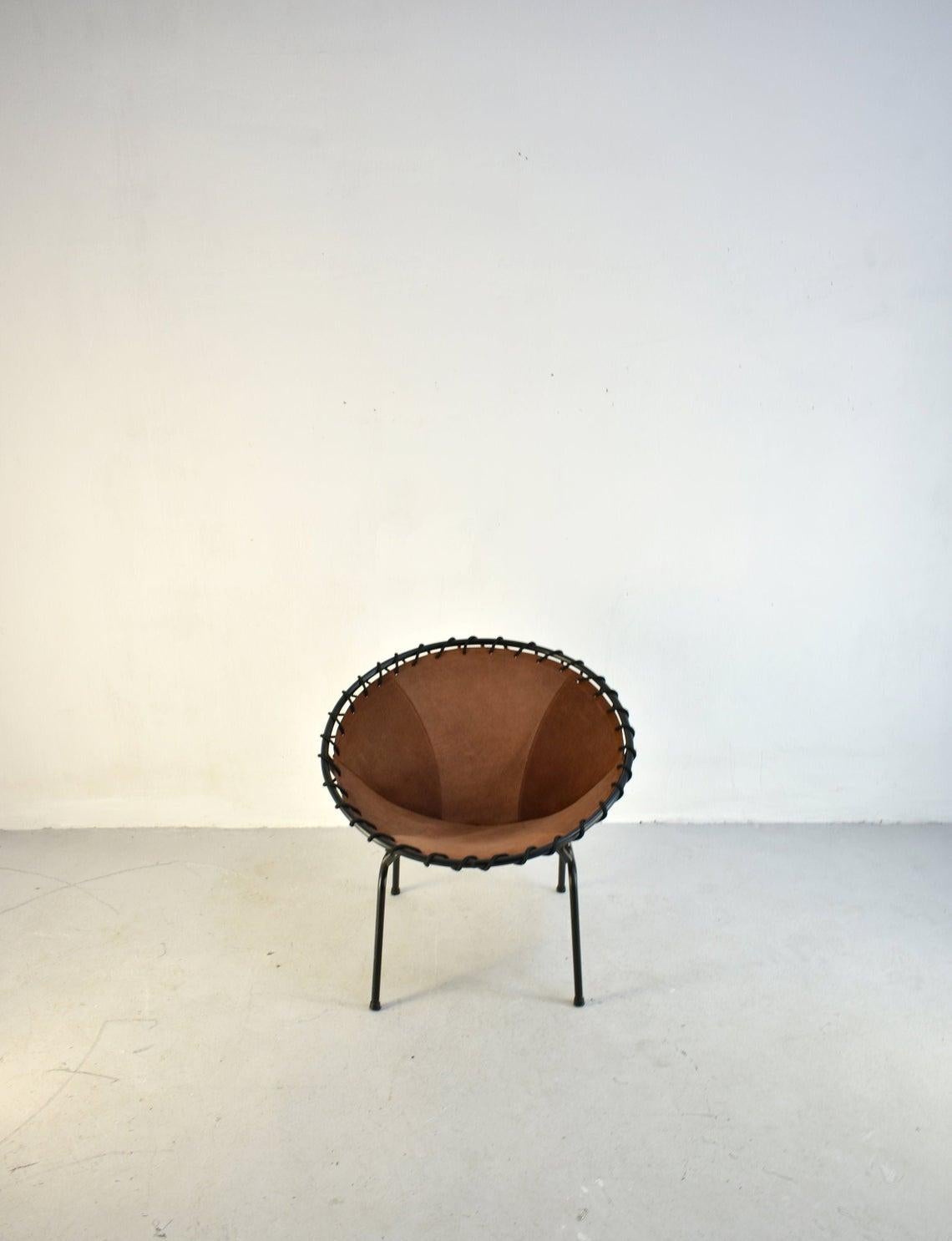 Midcentury Metal Basket Shaped Lounge Chair with Brushed Leather Seat, 1960s 2
