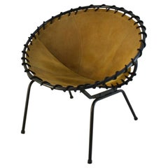 Vintage Midcentury Metal Basket Shaped Lounge Chair with Brushed Leather Seat, 1960s