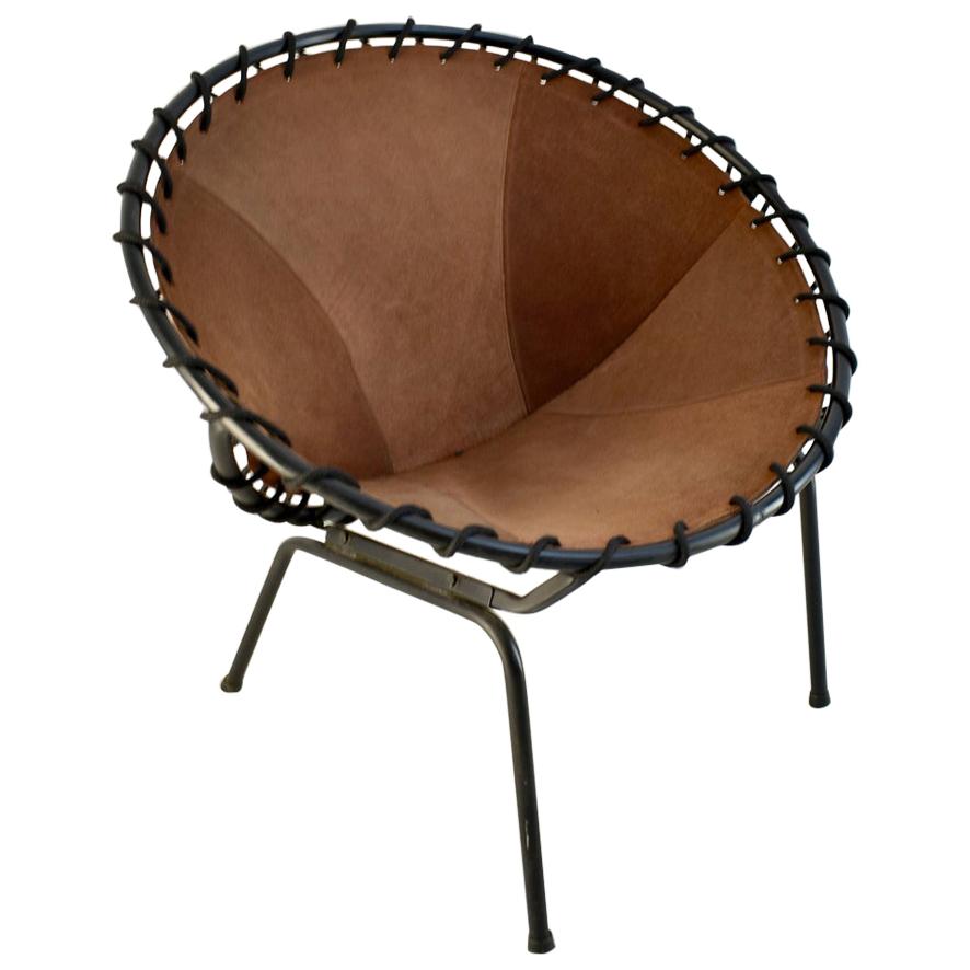 Midcentury Metal Basket Shaped Lounge Chair with Brushed Leather Seat, 1960s