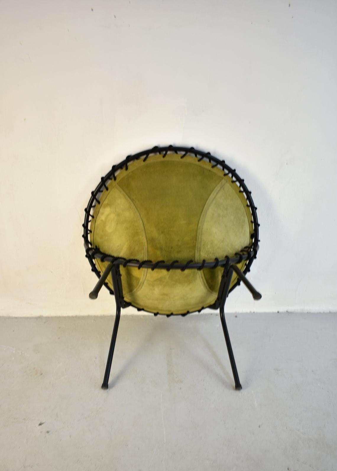 Mid-20th Century Midcentury Metal Basket Shaped Lounge Chair with Brushed Leather Seat, 1970s
