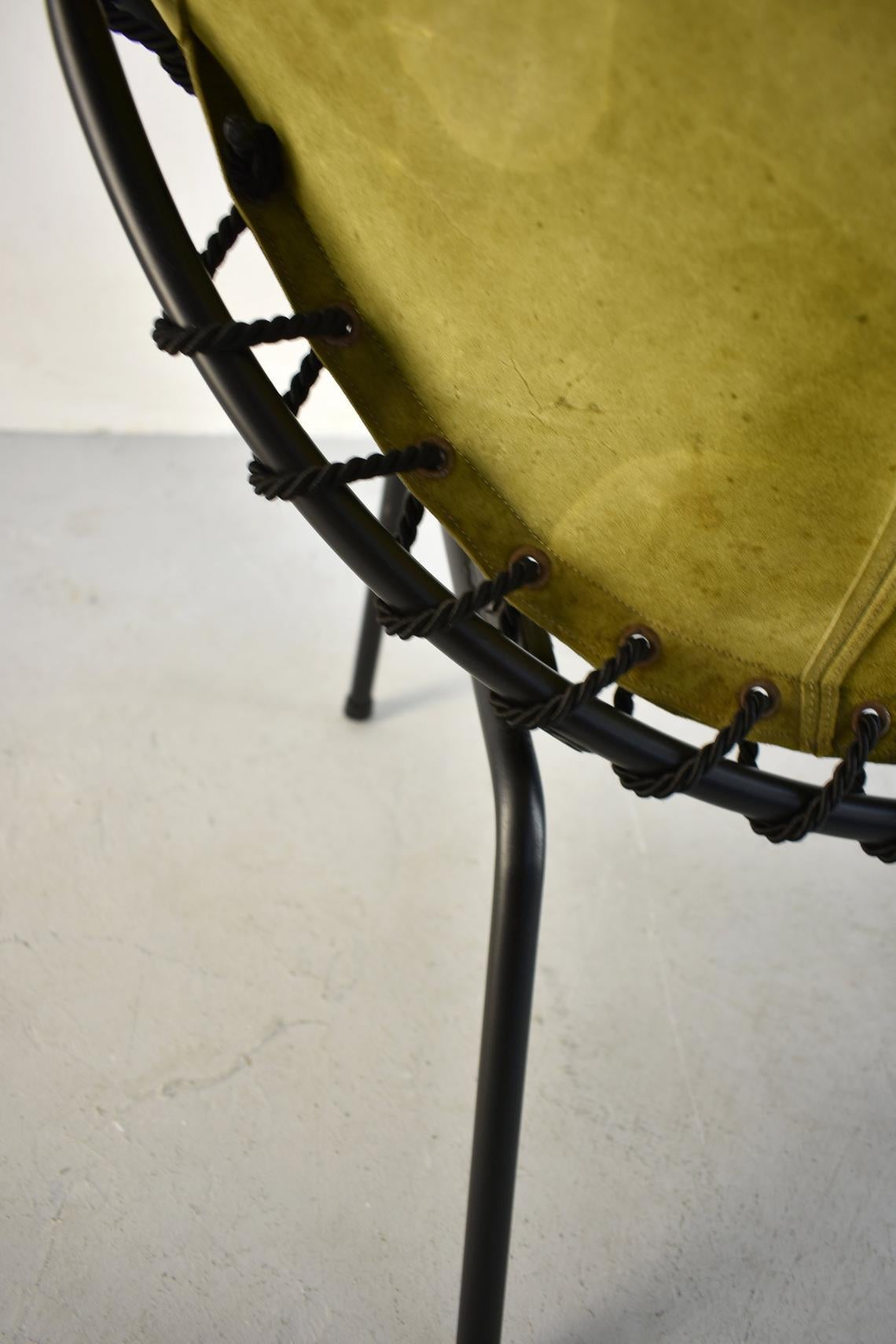 Midcentury Metal Basket Shaped Lounge Chair with Brushed Leather Seat, 1970s 1