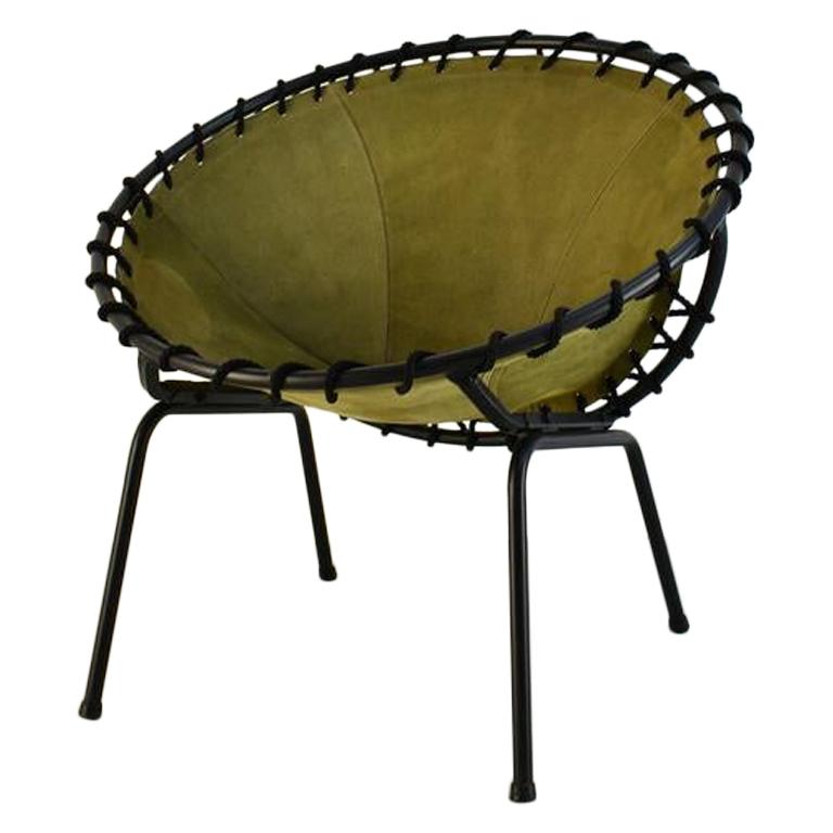 Midcentury Metal Basket Shaped Lounge Chair with Brushed Leather Seat, 1970s