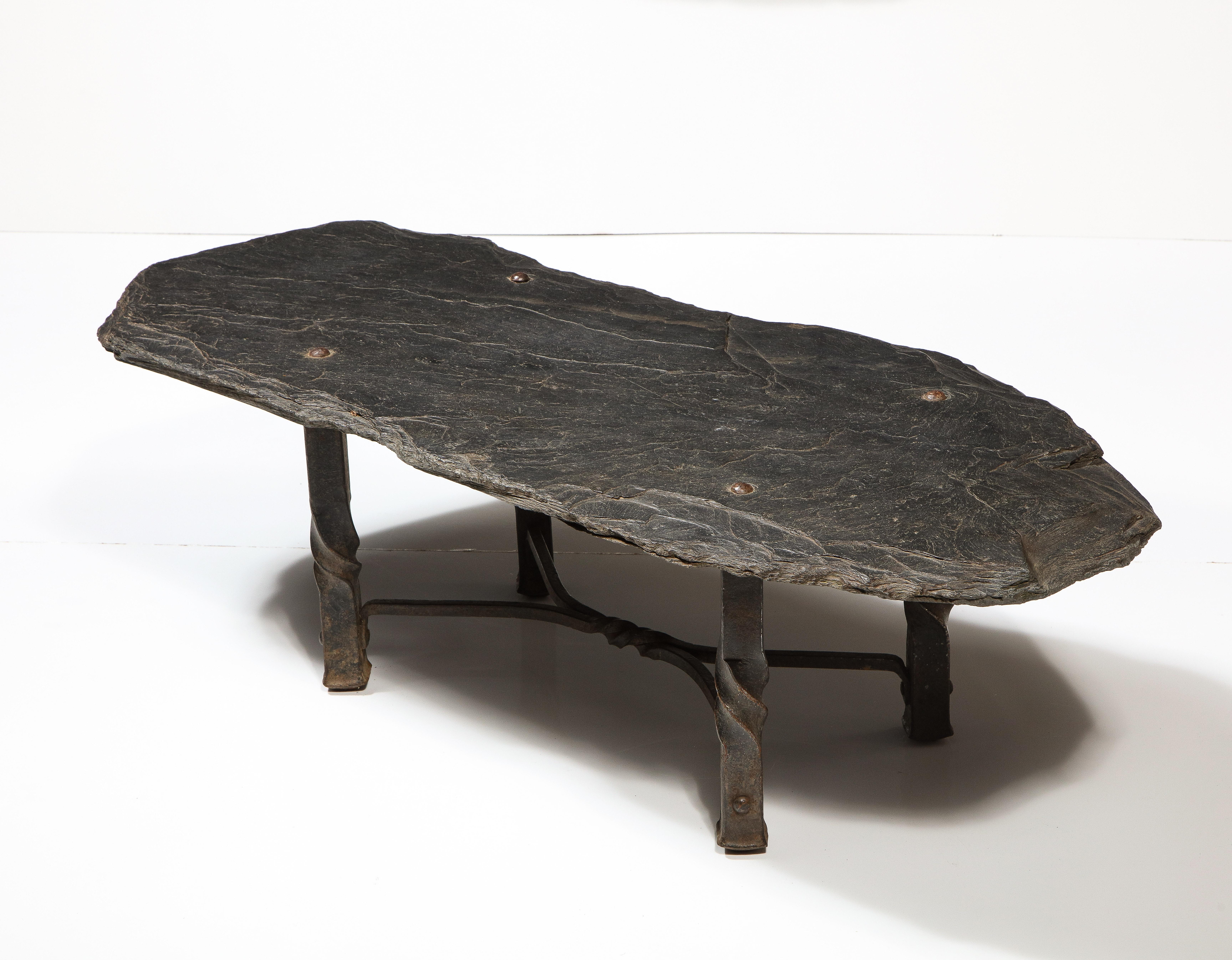 French Mid-Century Metal Coffee Table with Stone Top, France, c. 1960s
