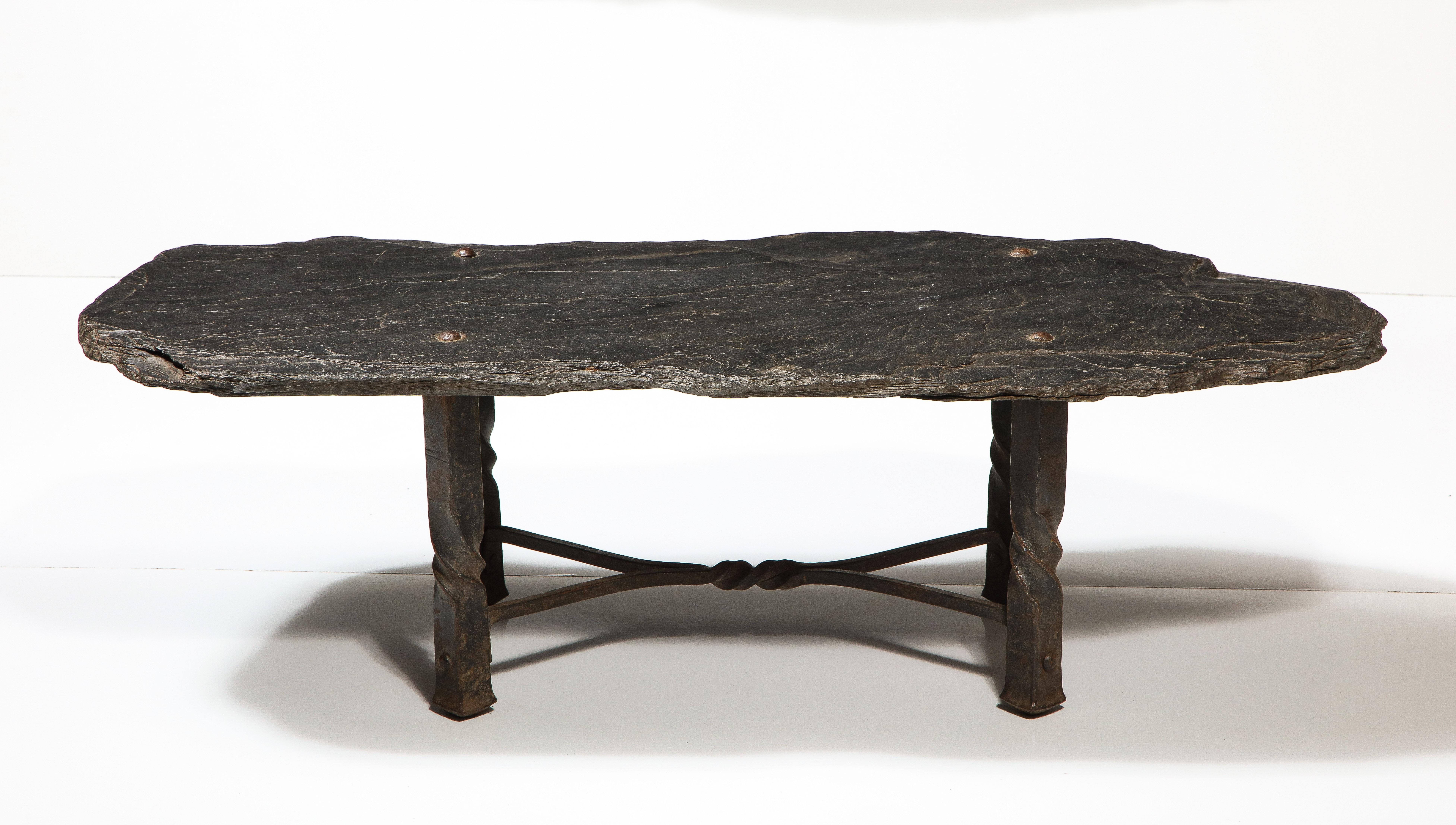 Mid-Century Metal Coffee Table with Stone Top, France, c. 1960s In Good Condition For Sale In New York City, NY