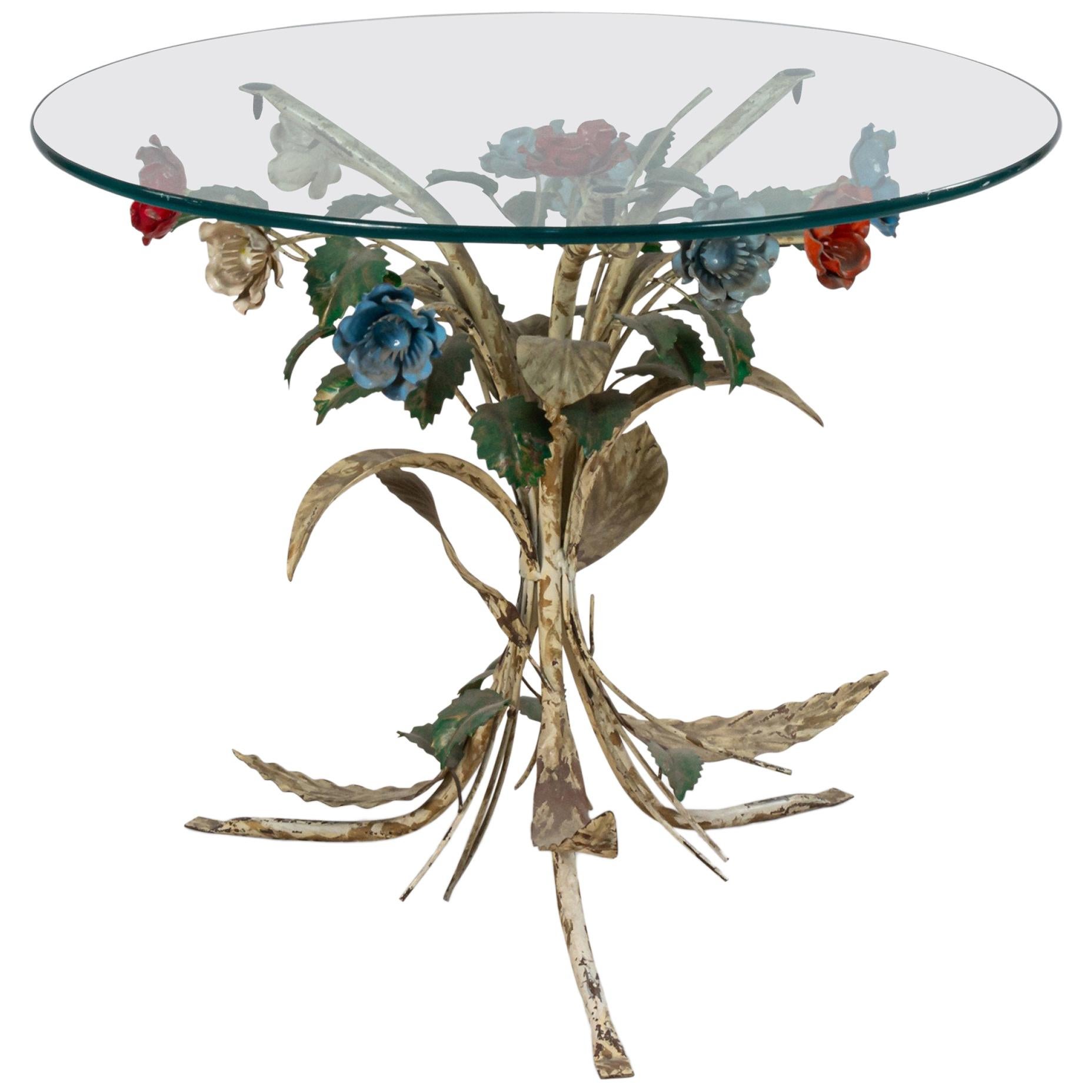 Midcentury Metal Floral Base Round Coffee Table For Sale