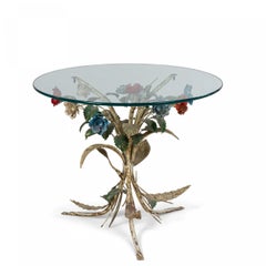 Mid-Century Metal Floral Base Round Glass Coffee Table