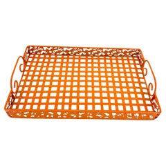 Orange Mid-Century Metal Serving Tray with Handles, Powder Coated
