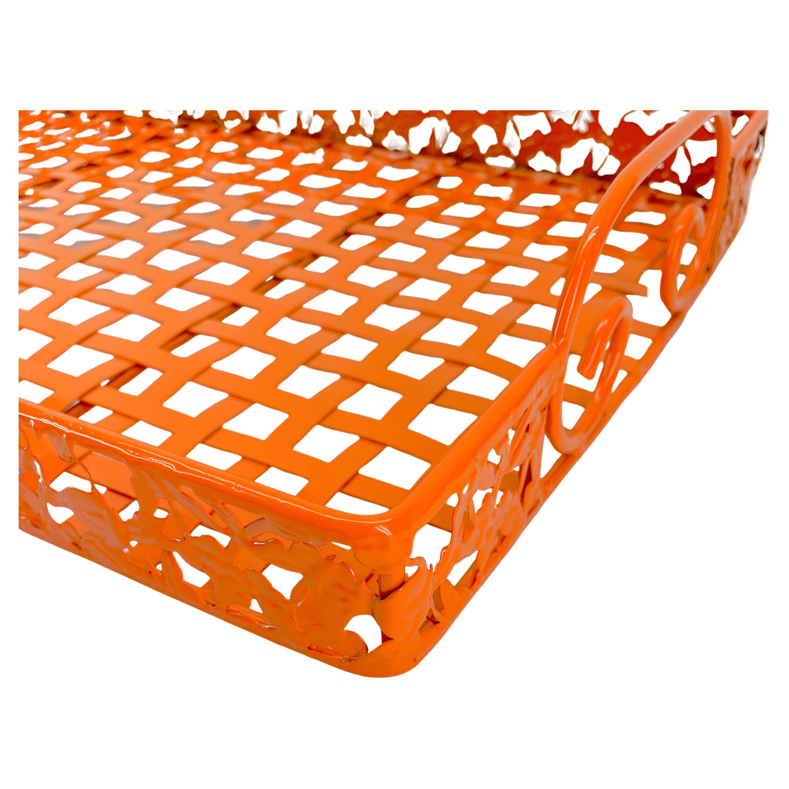 Mid-Century Modern Orange Mid-Century Metal Serving Tray with Handles, Powder Coated For Sale