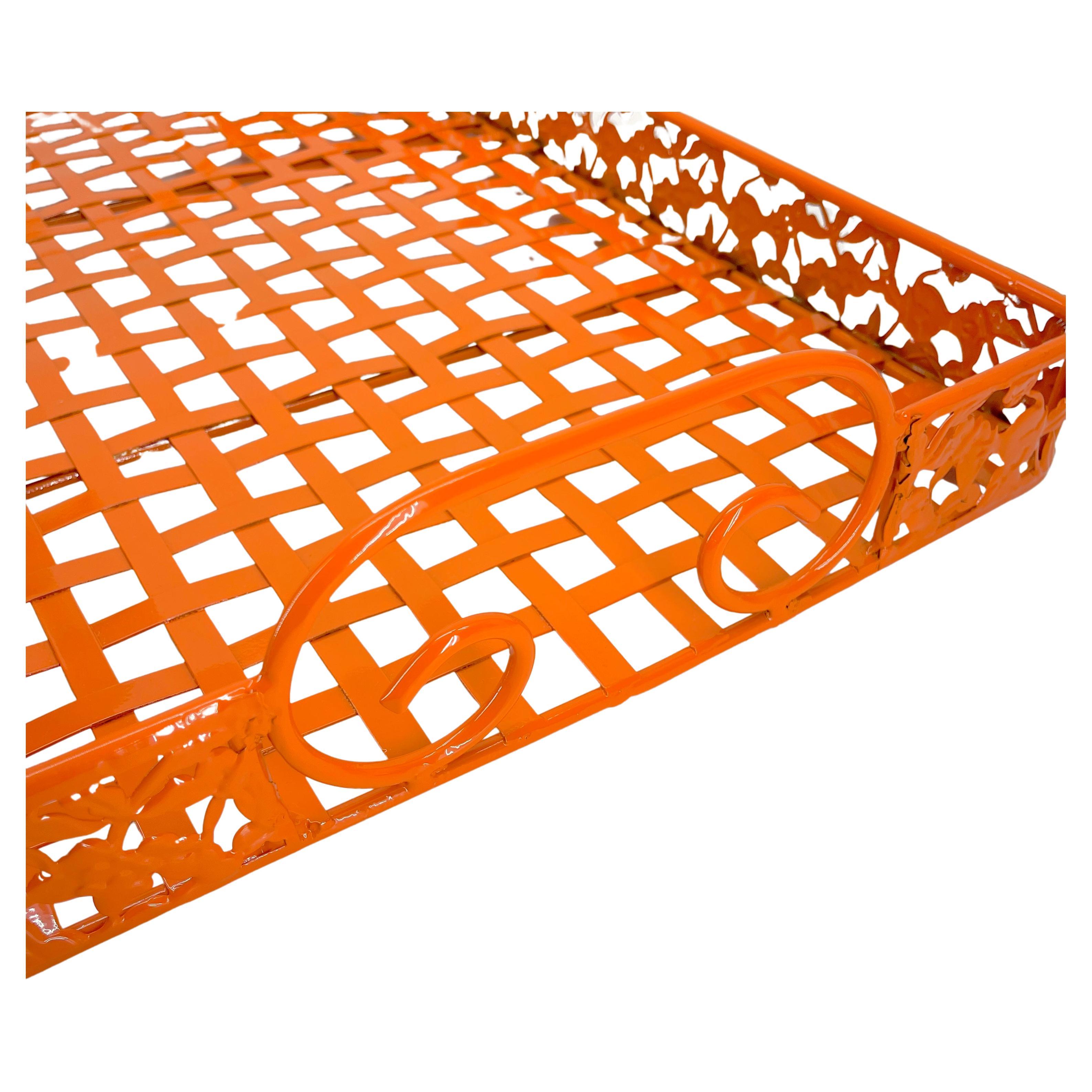 American Orange Mid-Century Metal Serving Tray with Handles, Powder Coated For Sale