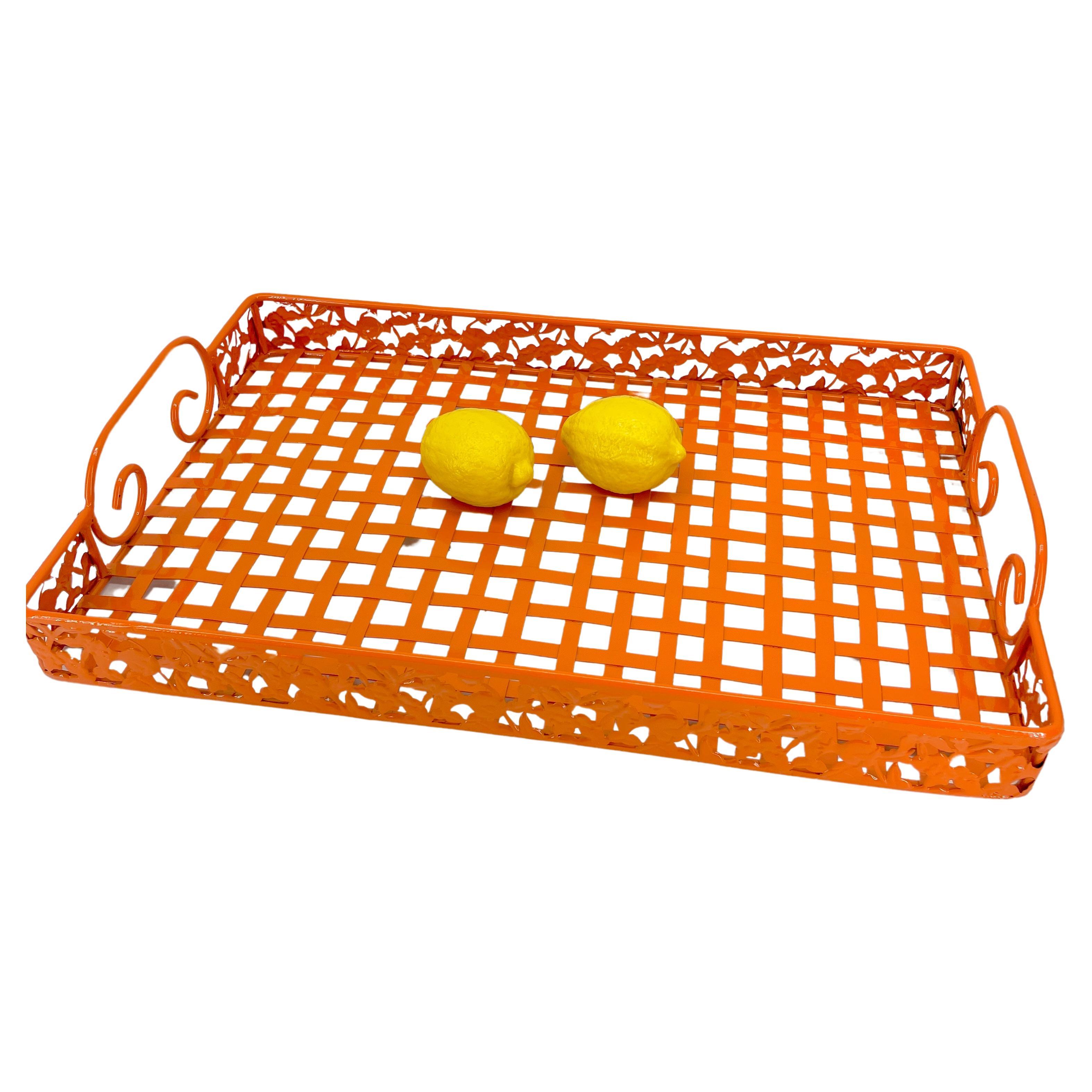 Orange Mid-Century Metal Serving Tray with Handles, Powder Coated For Sale