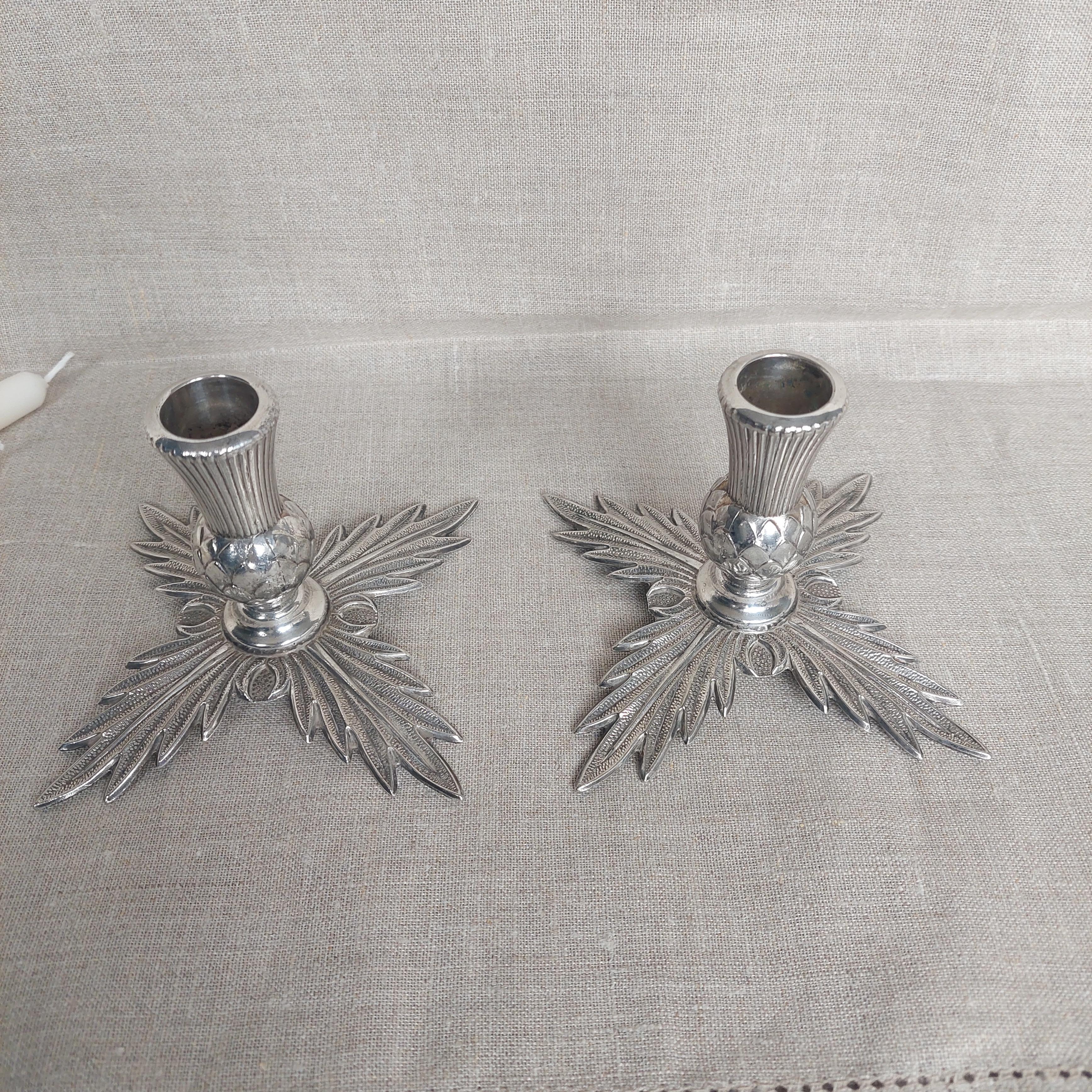 20th Century Midcentury Metal Thistle Candlesticks Holder Display Candle 1940-1950s Ianthe