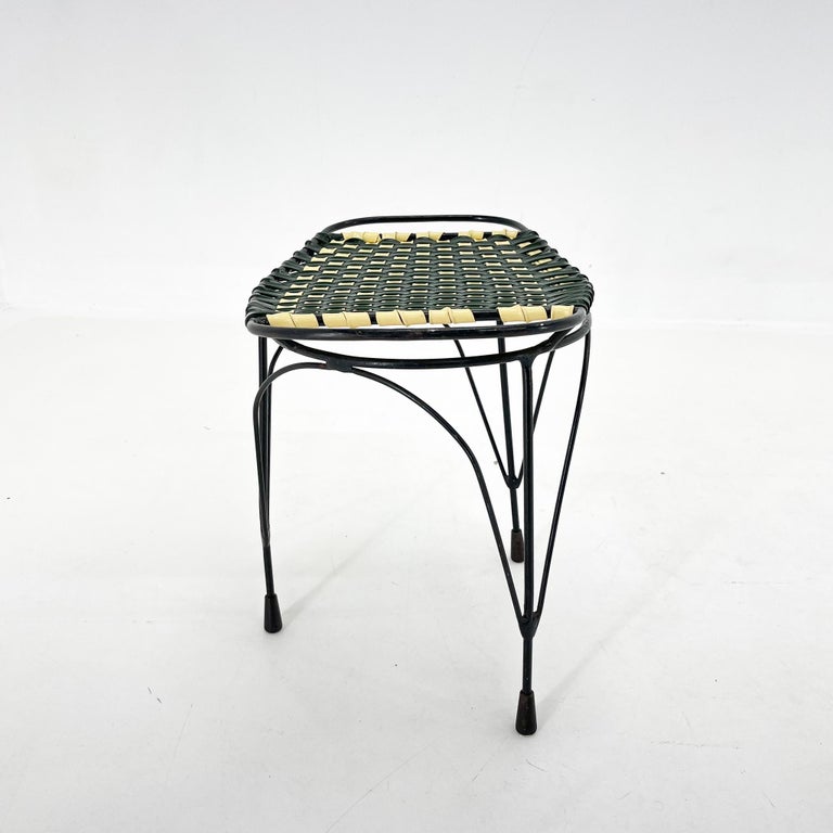 Midcentury Metal Tripod Stool or Footrest with Plastic Stripes For Sale