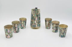 Mid-Century Mexican Abalone Mosaic Brass Barware Set, Pitcher & 6 Glasses