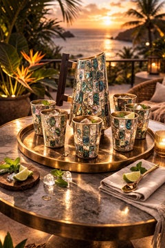 Juego de Bar de Bronce con Mosaico de Abalón Mexicano de Mediados de Siglo, Jarra y 6 Vasos