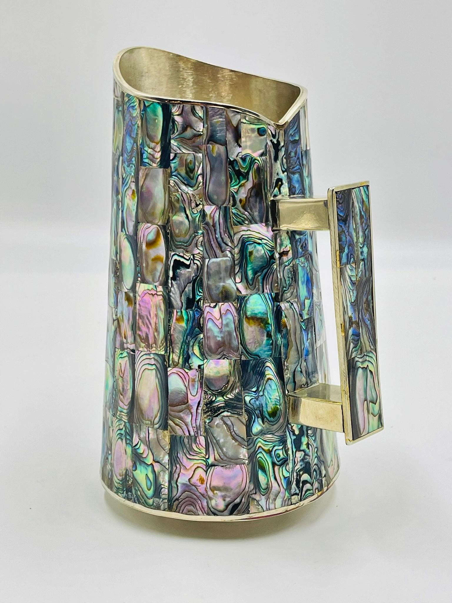 Mexikanischer Wasserkrug mit Alpaka-Silber und Abalone-Intarsien aus der Jahrhundertmitte, 1950er Jahre im Angebot 1