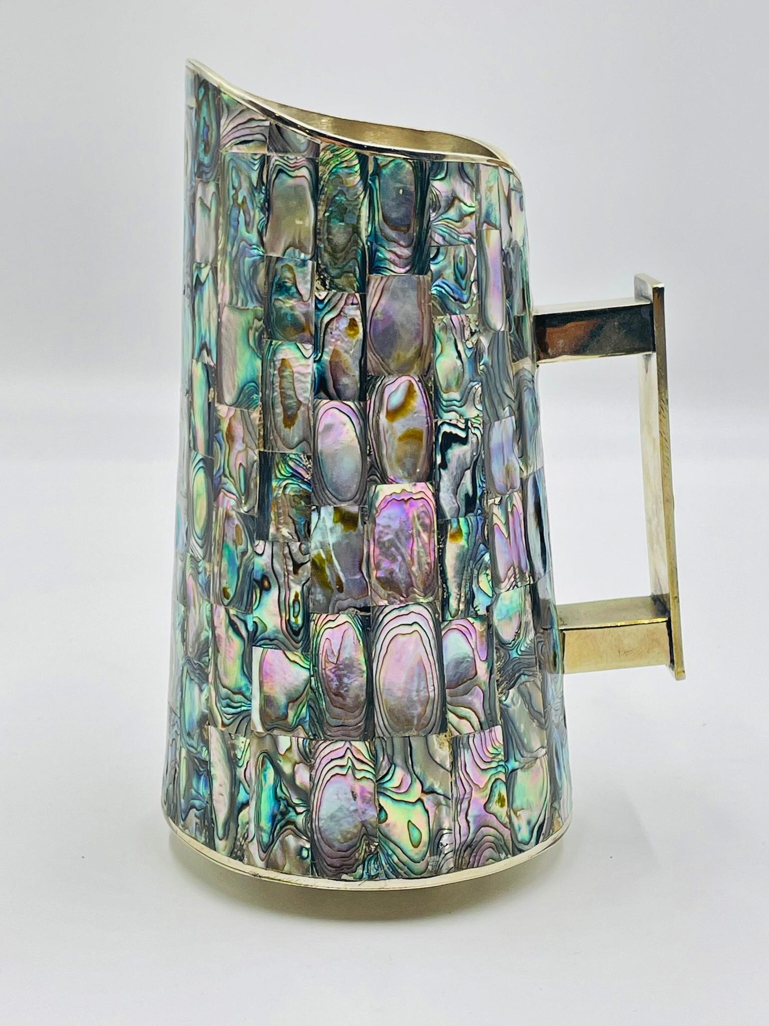 Mexikanischer Wasserkrug mit Alpaka-Silber und Abalone-Intarsien aus der Jahrhundertmitte, 1950er Jahre im Angebot 2