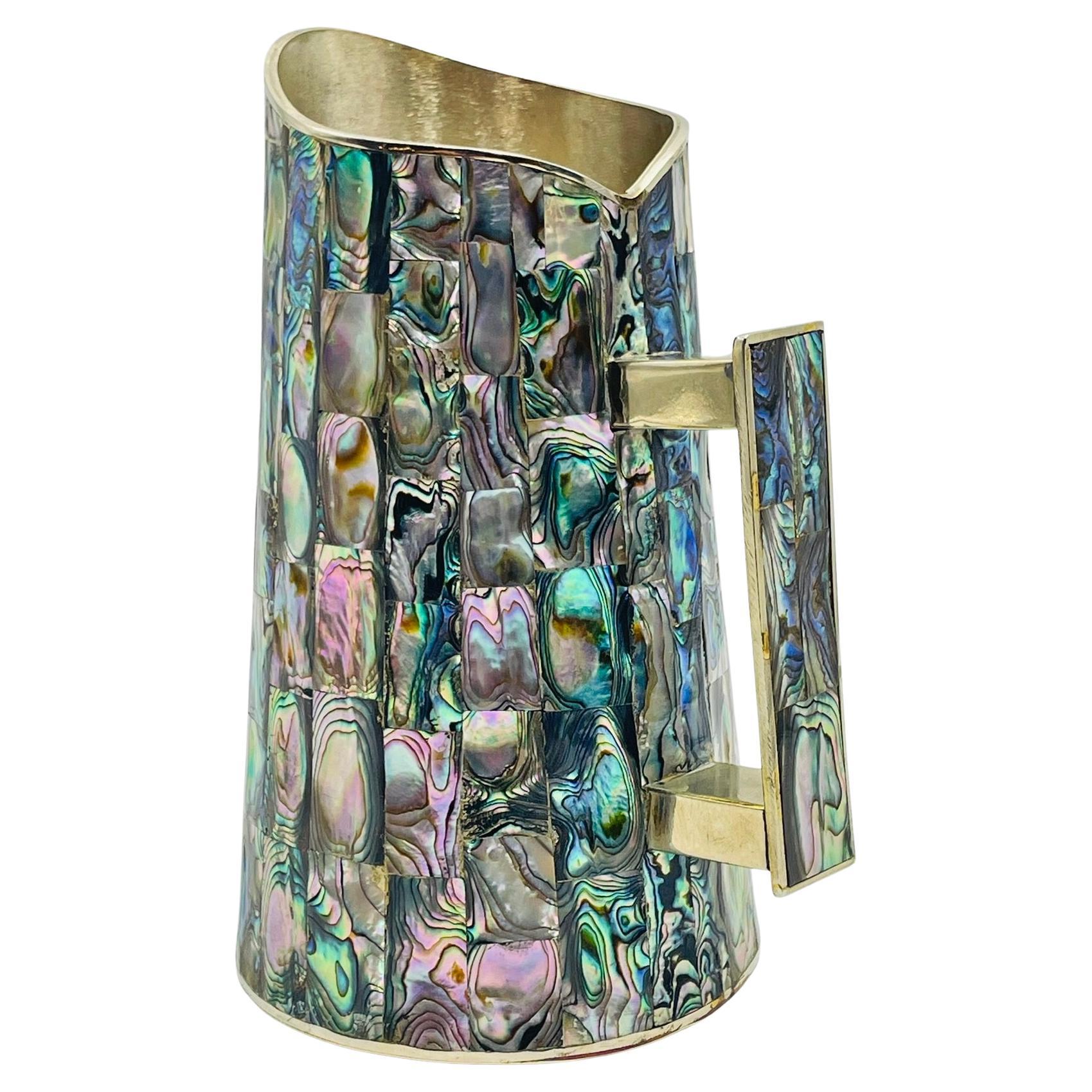 Mexikanischer Wasserkrug mit Alpaka-Silber und Abalone-Intarsien aus der Jahrhundertmitte, 1950er Jahre im Angebot