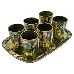 Mexikanisches Messing und Abalone-Muschel Schnapsglas-Set mit Serviertablett