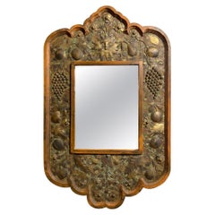 Mid Century Mexican Carved Mirror with Patinated and Gilt Copper Decoration