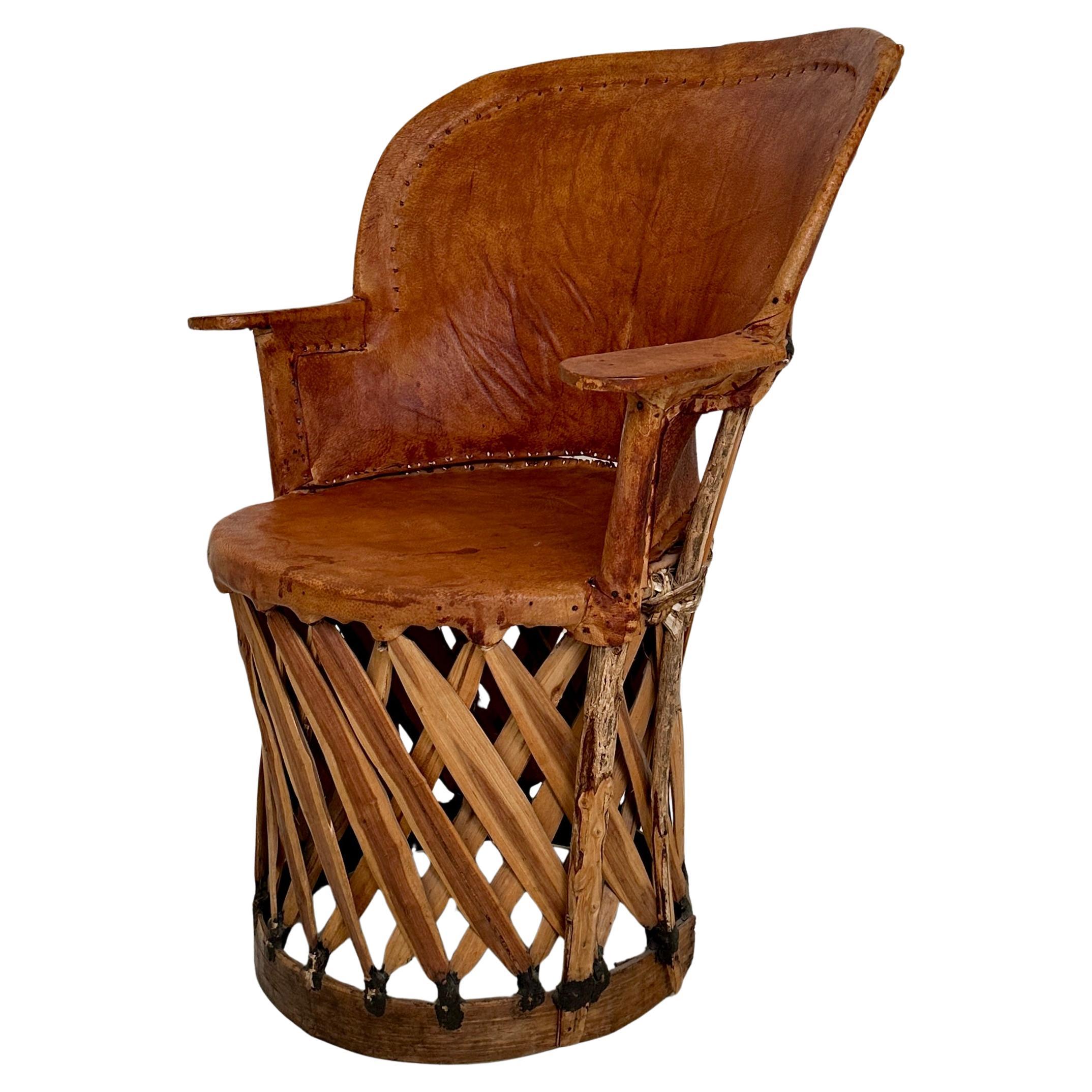 Mid Century Mexican Equipales Armchair in Leather and Wood, around 1970 For Sale