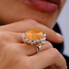 12.60 Carat Mexican Fire Opal Diamond Mid Century White Gold Cocktail Ring