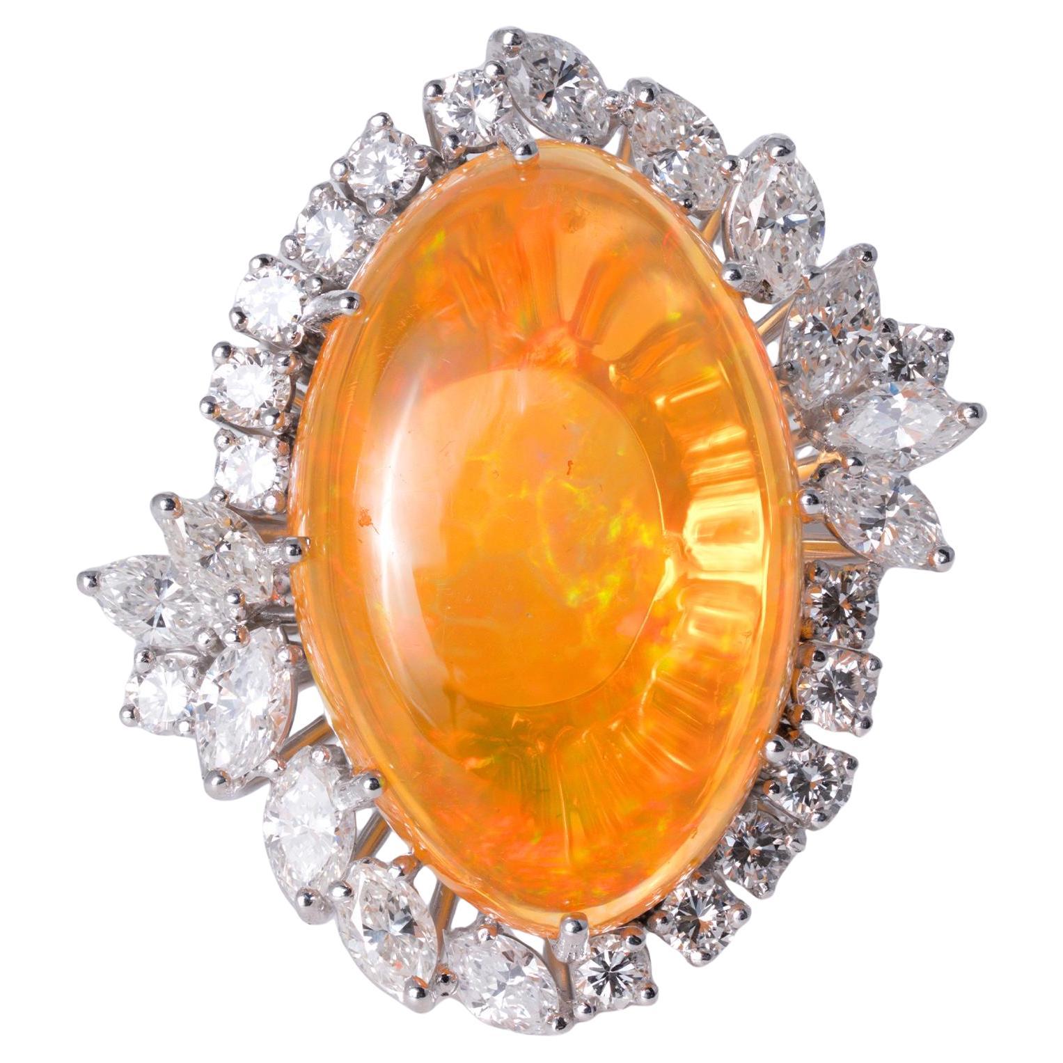 12.60 Carat Mexican Fire Opal Diamond Mid Century White Gold Cocktail Ring