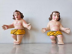 Mid-Century Mexican Folk Art Carved Polychrome Painted Baby Christ Figure Pair