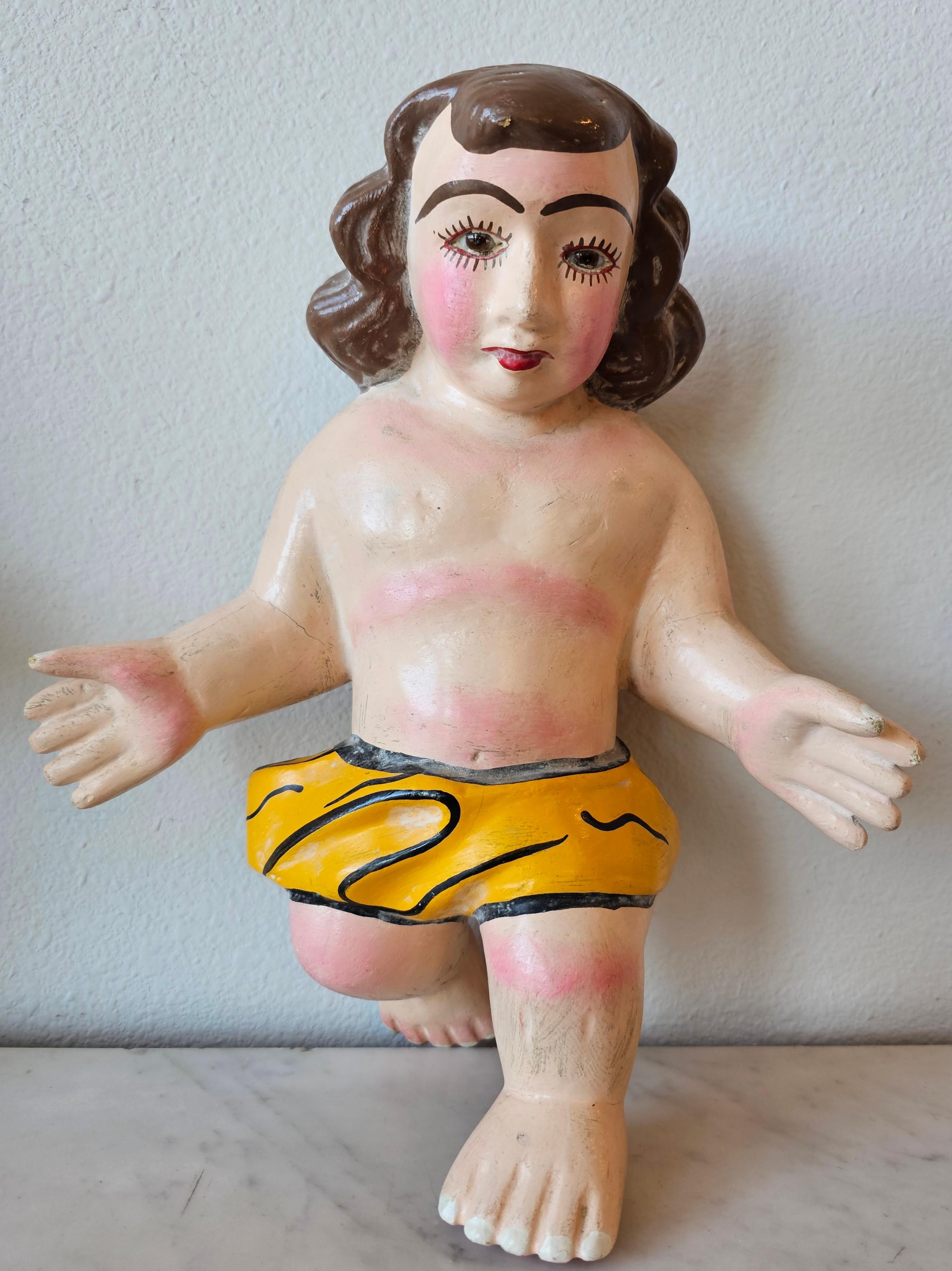 Baroque Mid-Century Mexican Folk Art Carved Polychrome Painted Baby Christ Figure Pair For Sale