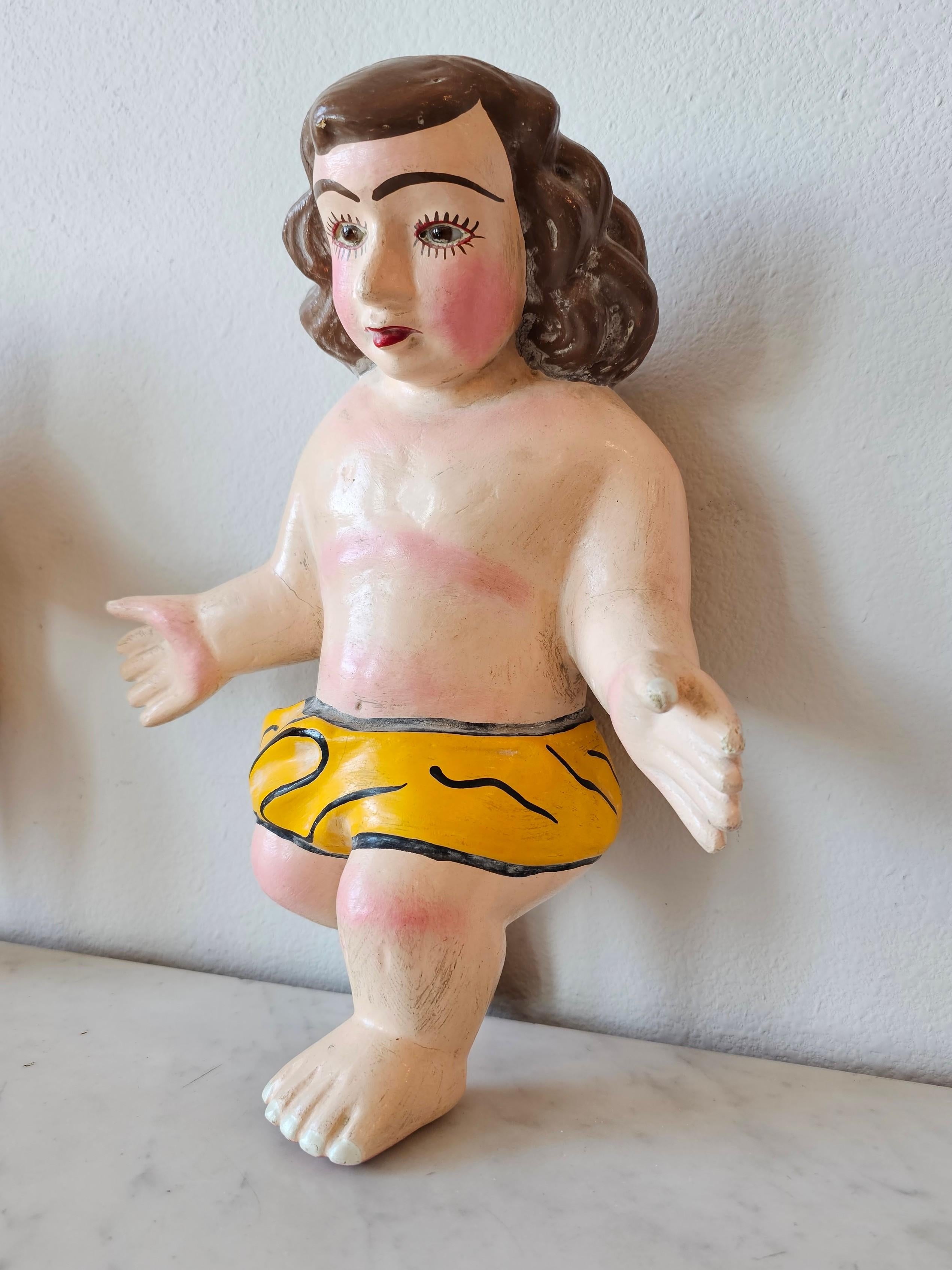 Mid-Century Mexican Folk Art Carved Polychrome Painted Baby Christ Figure Pair In Good Condition For Sale In Forney, TX