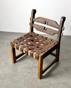 Mid Century Mexican Hand Carved Leather Webbed Chair Spratling Attributed 1960