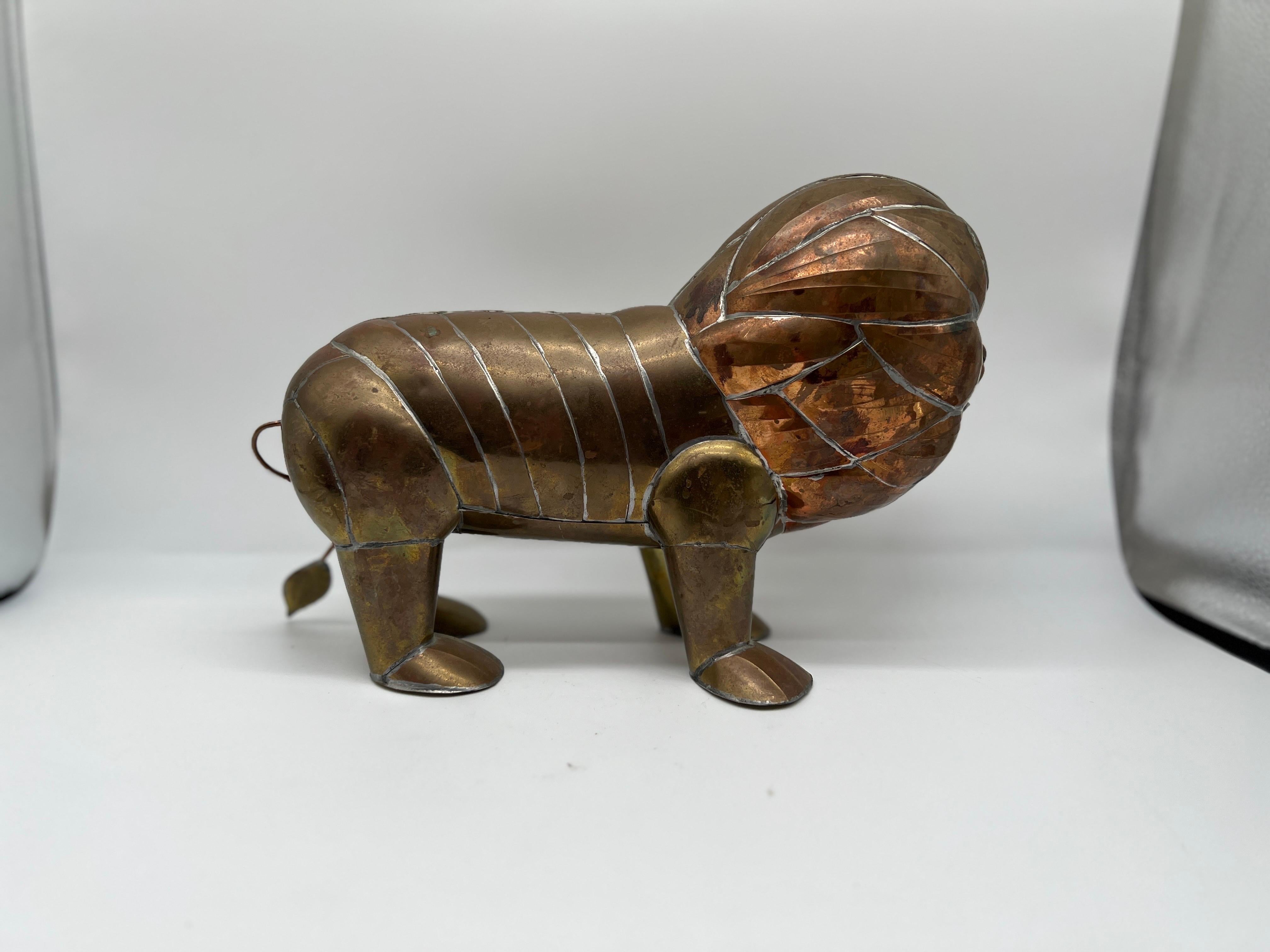 Mid-Century Modern Mid Century Mexican Mixed Metal Copper & Brass Lion Attributed to Bustamante For Sale