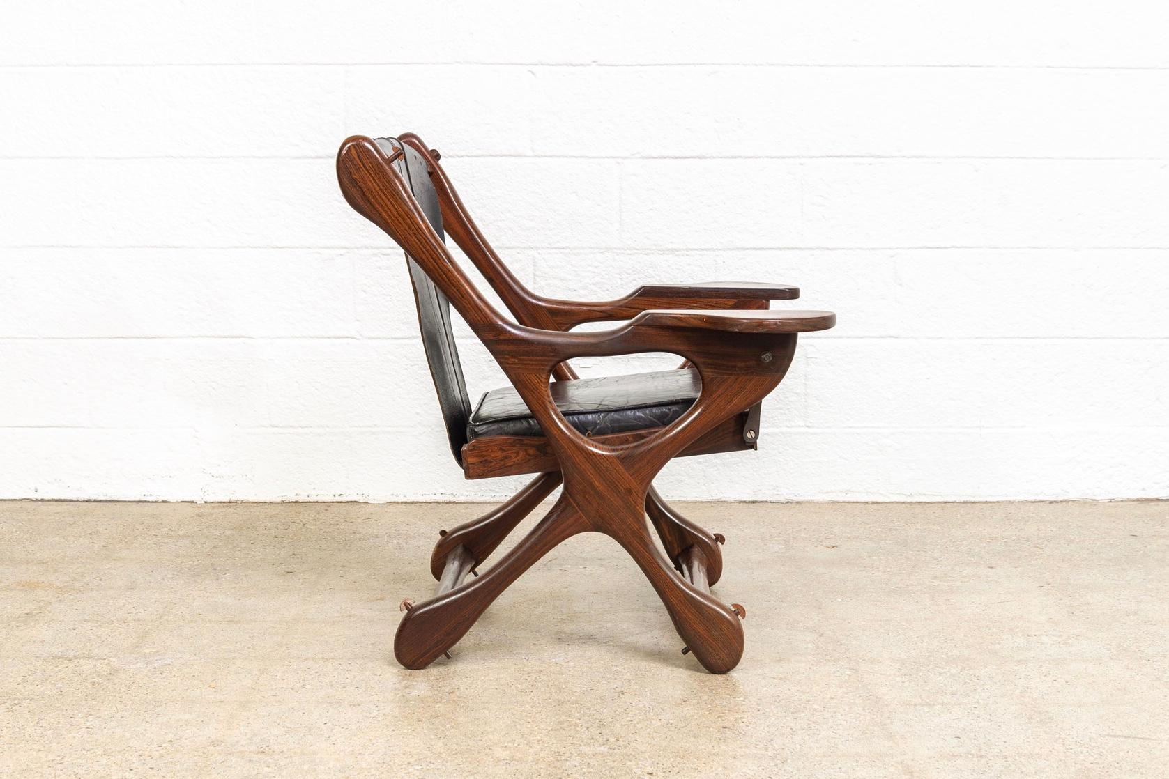 Leather Midcentury Mexican Modern Don Shoemaker Rosewood Swinger Chair with Ottoman For Sale
