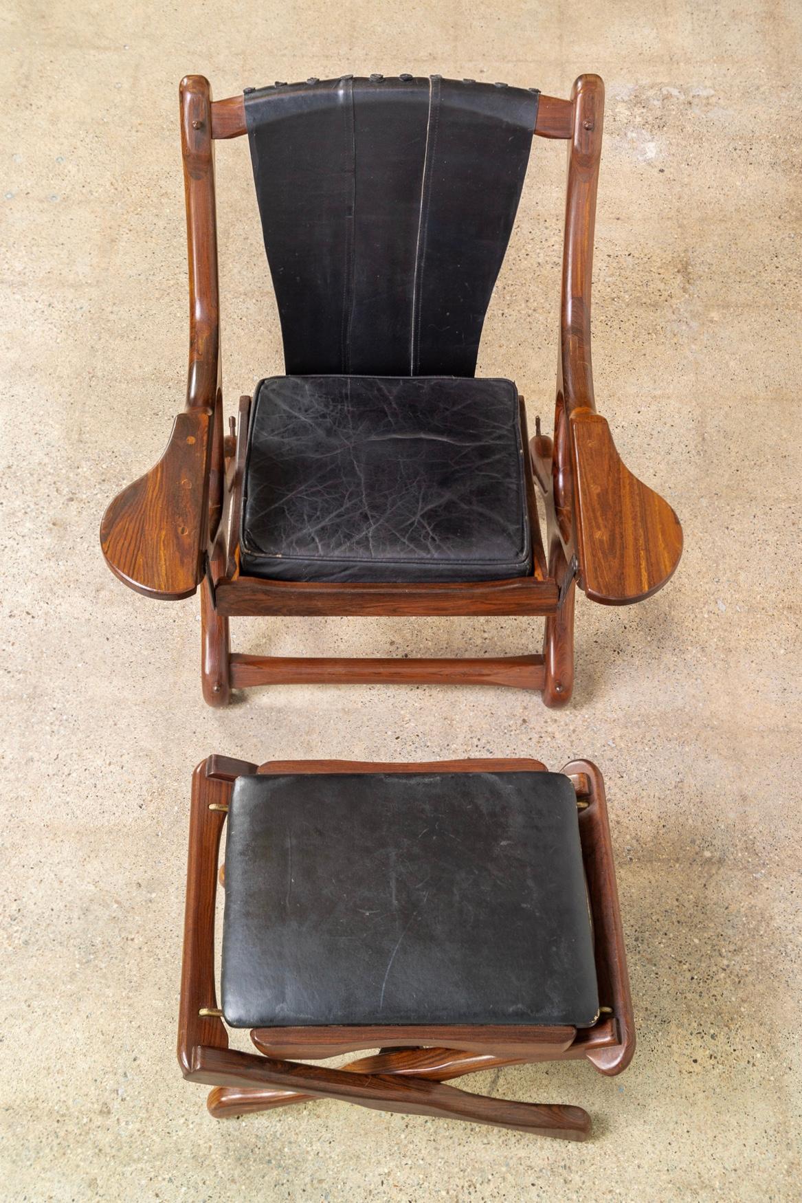 Leather Midcentury Mexican Modern Don Shoemaker Rosewood Swinger Chair with Ottoman For Sale