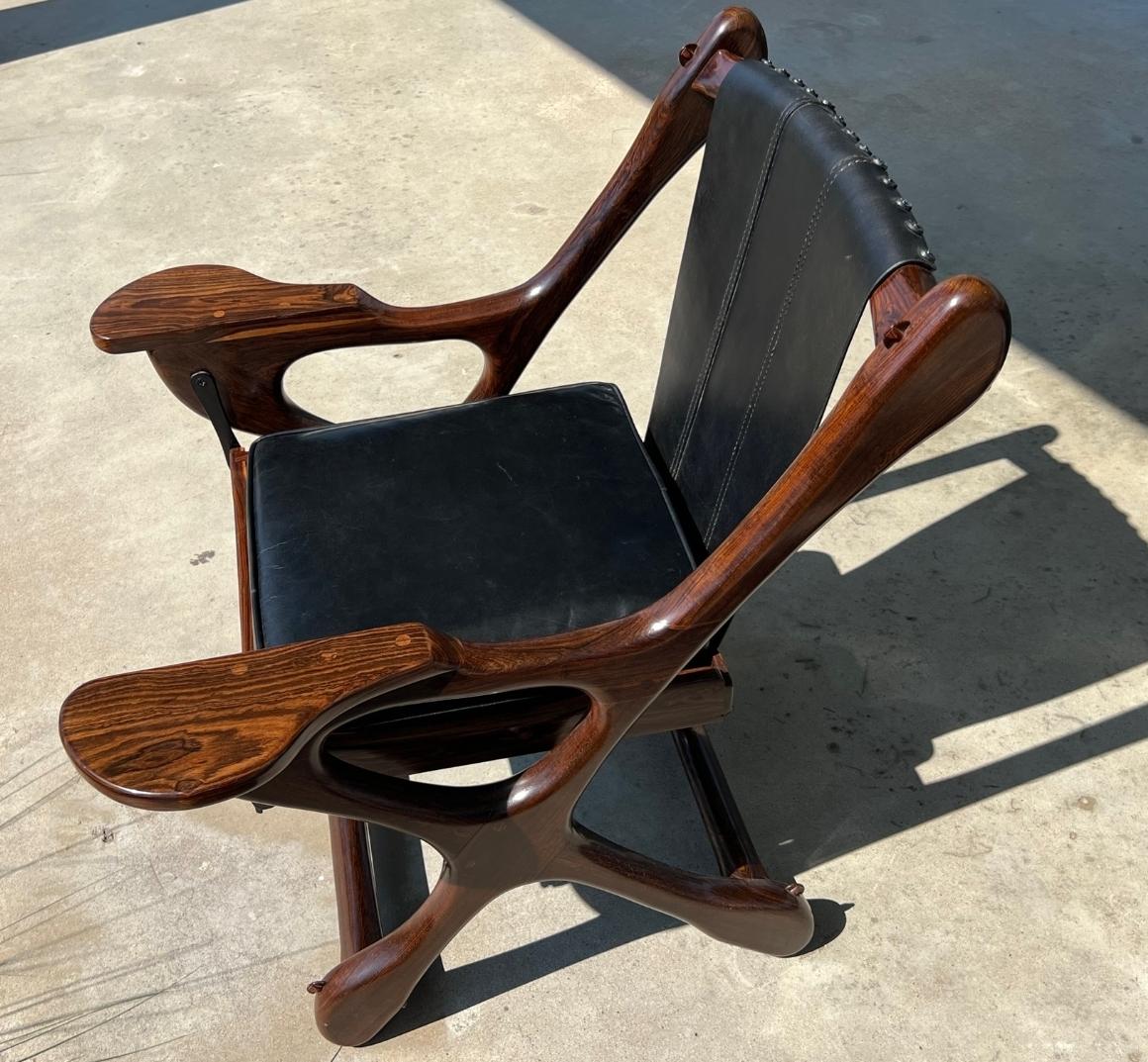 Hand-Carved Mid-Century Mexican Modern Don Shoemaker Senal SA Sling Swinger Chairs Set of 4 For Sale