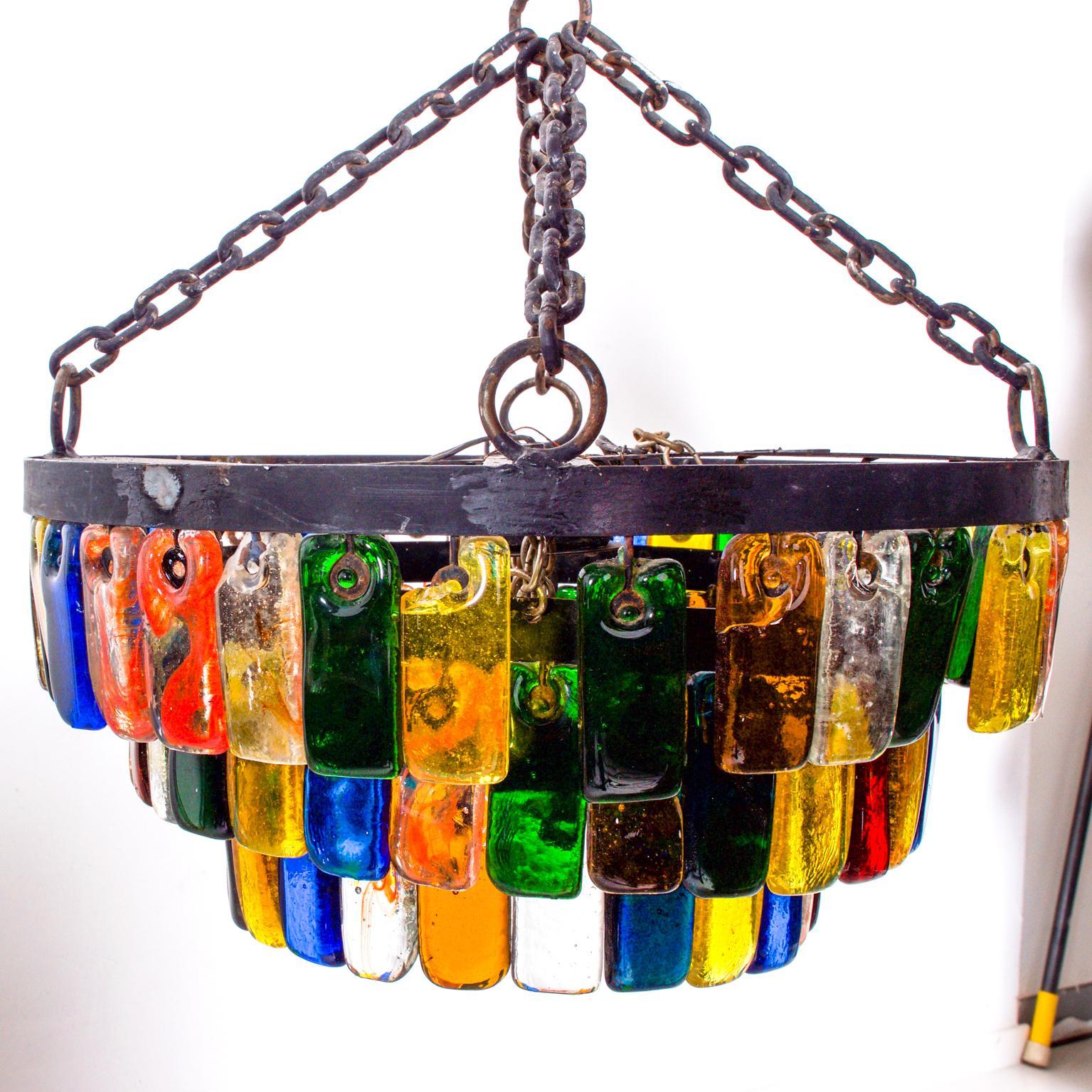 MidCentury Mexican Modernist Chandelier by FEDERS, Delfinger 3 Tiers Color Glass In Fair Condition In Chula Vista, CA