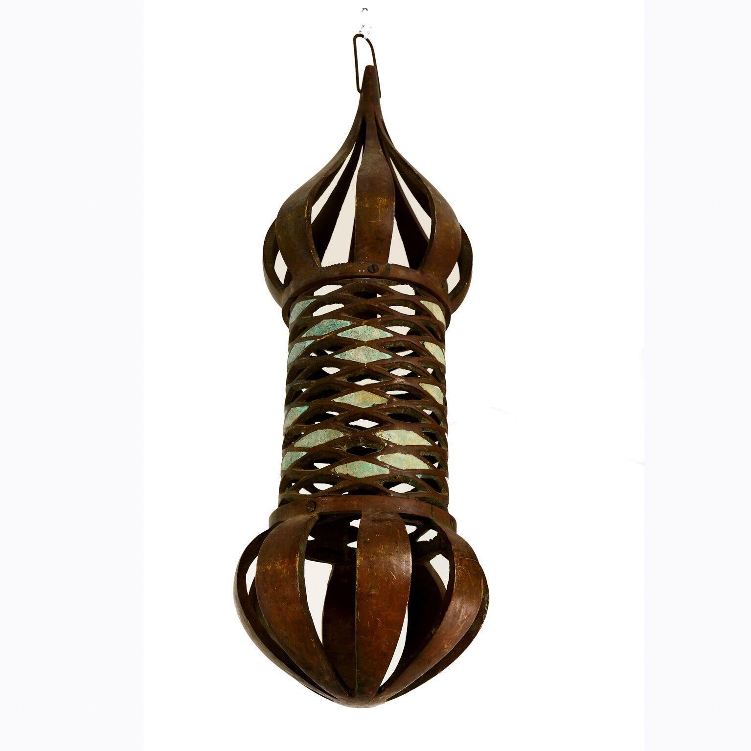 Mid-Century Modern 1950s Modernist Pepe Mendoza Sculptural Pendant Lamps Bronze  and Malachite For Sale