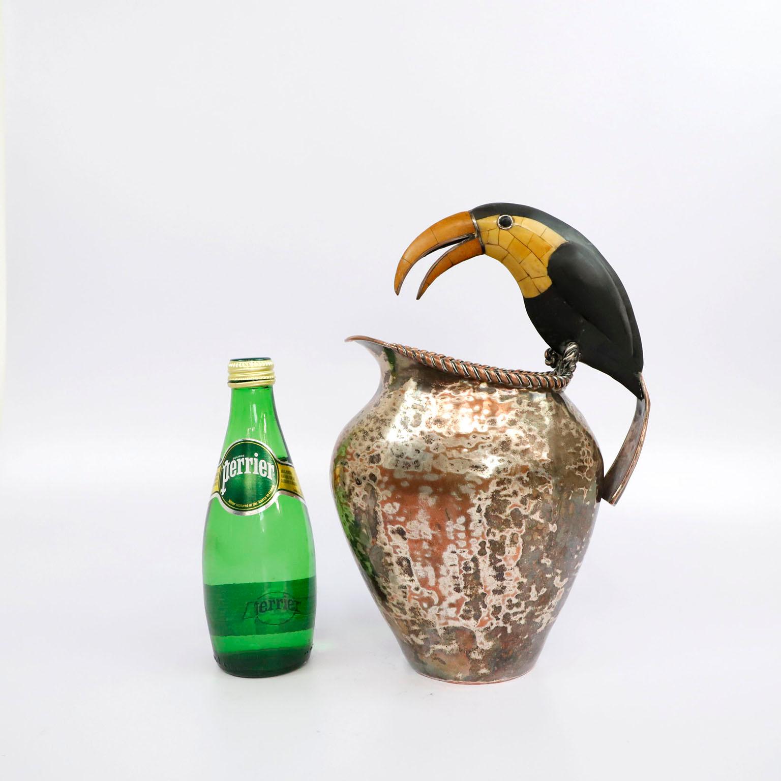 Inlay Mid-Century Mexican Pitcher with Toucan Handle by Emilia Castillo