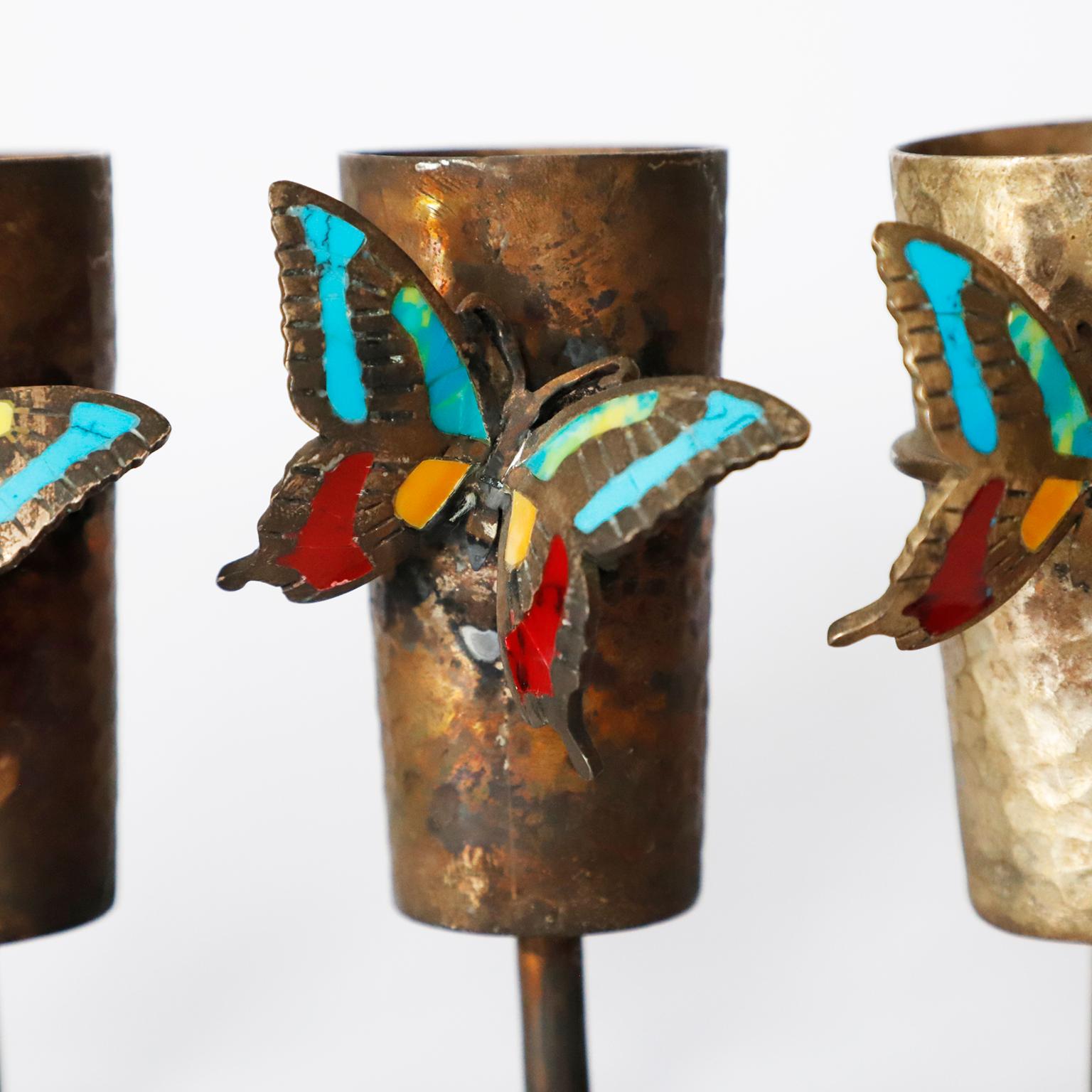 Circa 1960. We offer this mid-century Mexican silver plated cups set in the style of Los Castilllo in great vintage condition and fantastic patina.