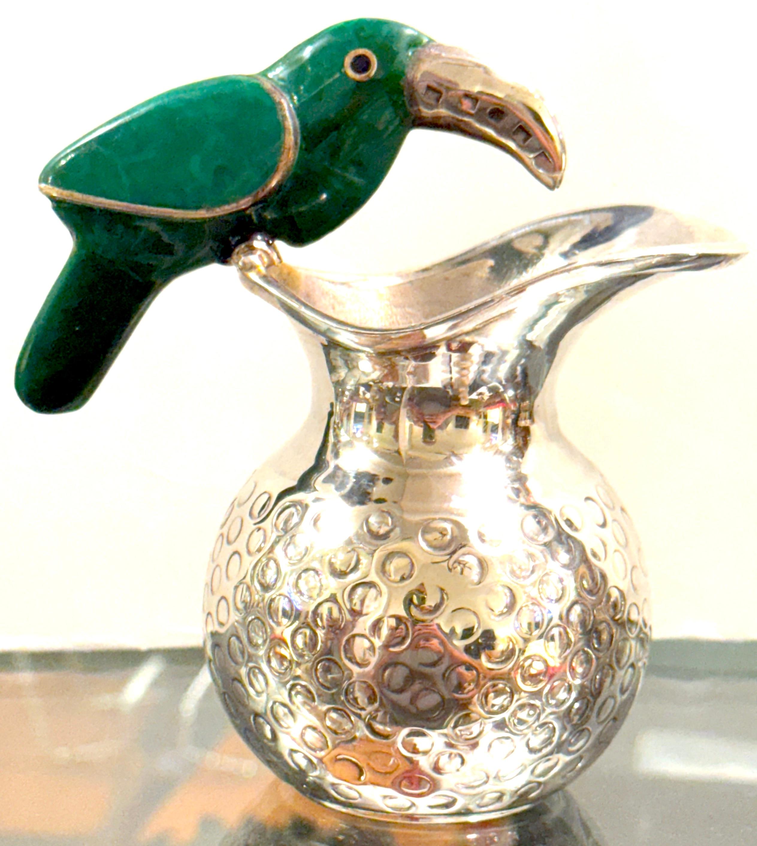 Mid-Century Mexican Silverplate & Malachite Parrot Pitcher, Style Los Castillo en venta 1