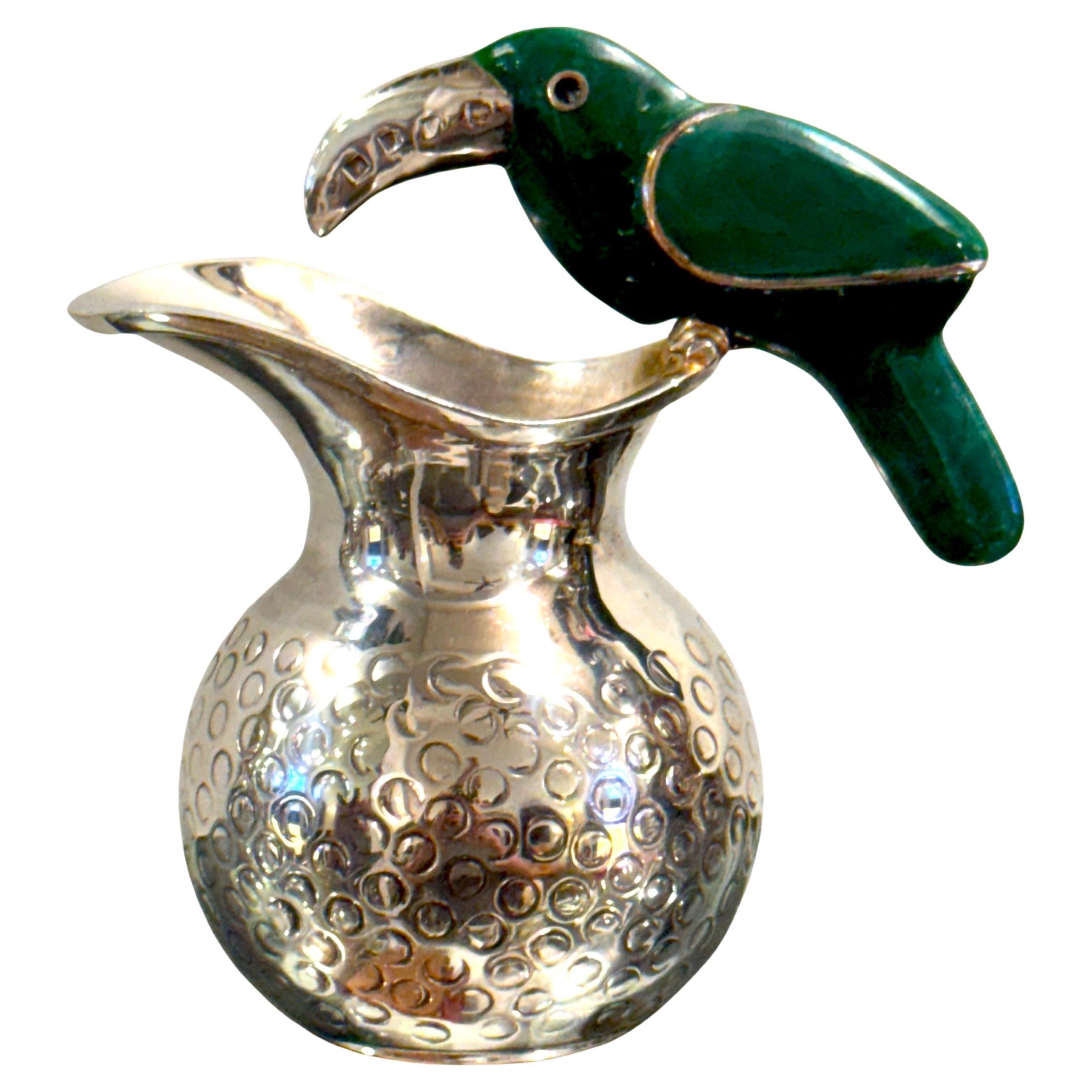 Mid-Century Mexican Silverplate & Malachite Parrot Pitcher, Style Los Castillo en venta