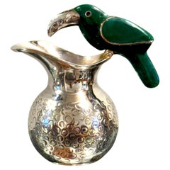 Mid-Century Mexican Silverplate & Malachite Parrot Pitcher, Style Los Castillo