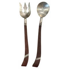 Mid-Century Mexican Sterling Silver and Hardwood Salad Serving Set, circa 1960s