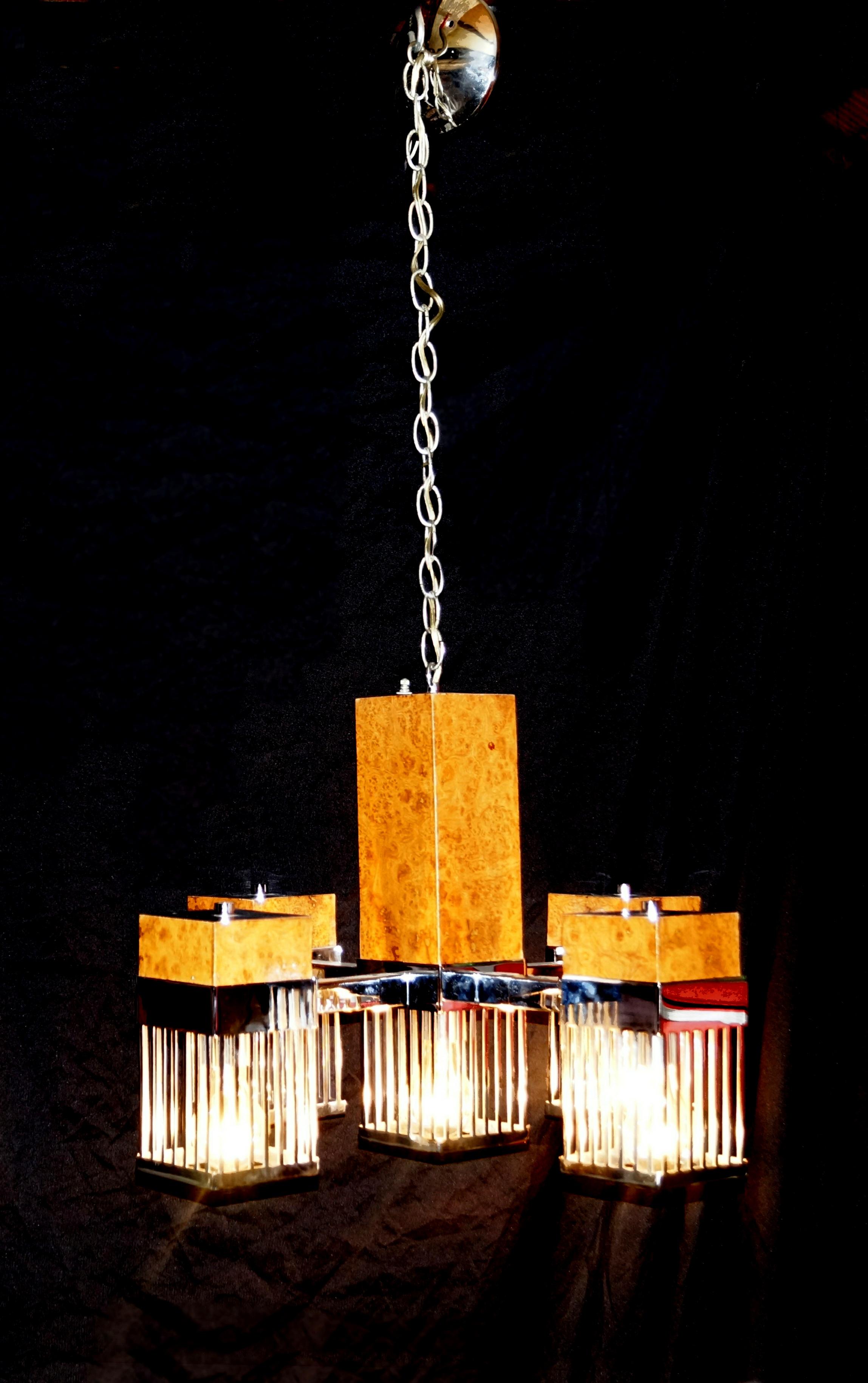 Unusual mid-century Danish modern burl wood & chrome hanging chandelier. The height of the chandelier without the chain is 14.75
