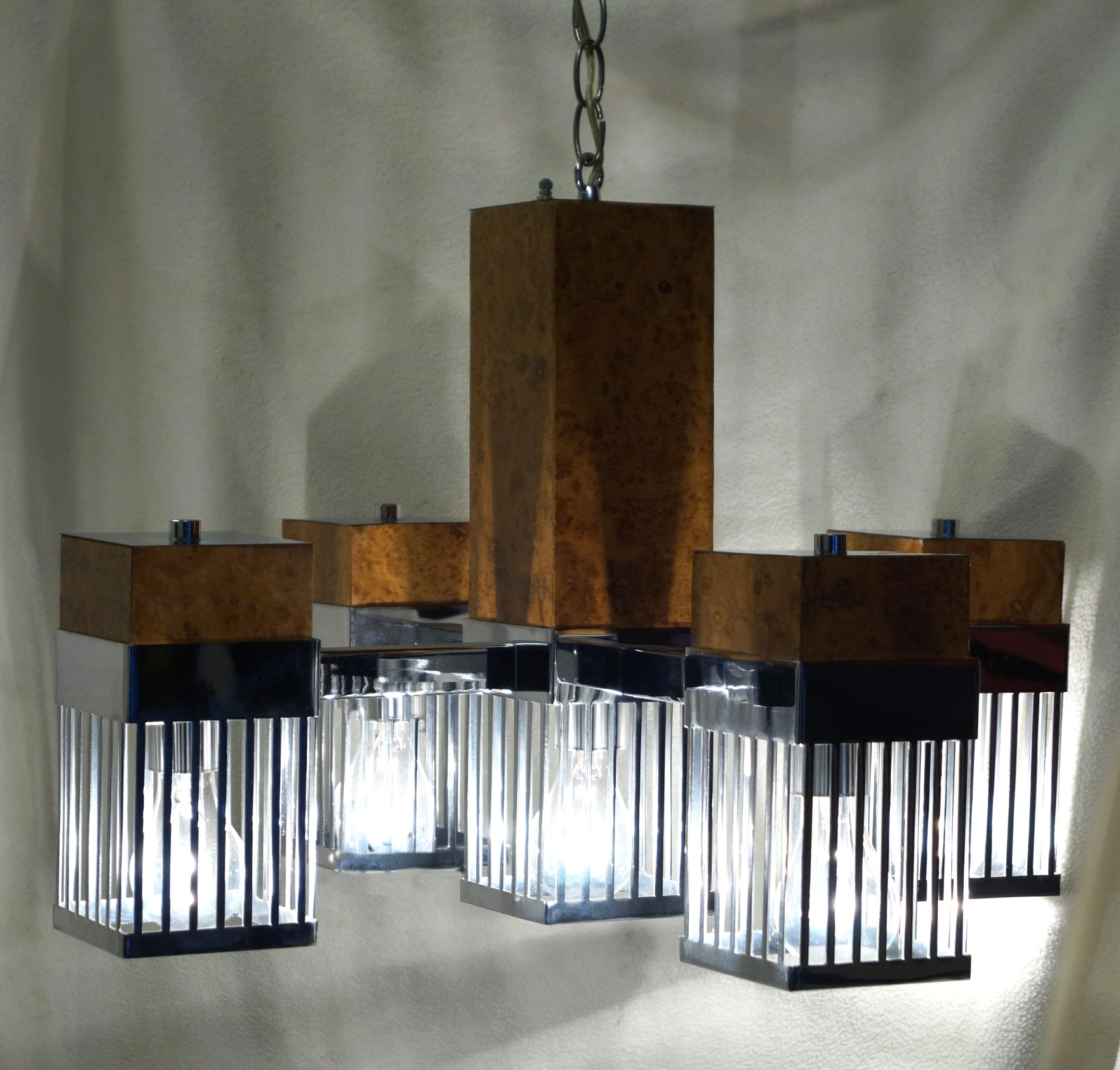 Mid-Century Danish Mid Century Modern Burl Wood & Chrome Hanging Chandelier  For Sale 2