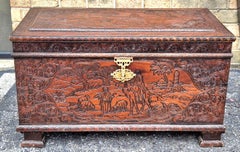Mid Century Middle Eastern Carved Landscape Scenic Mahogany BlanketStorage Chest
