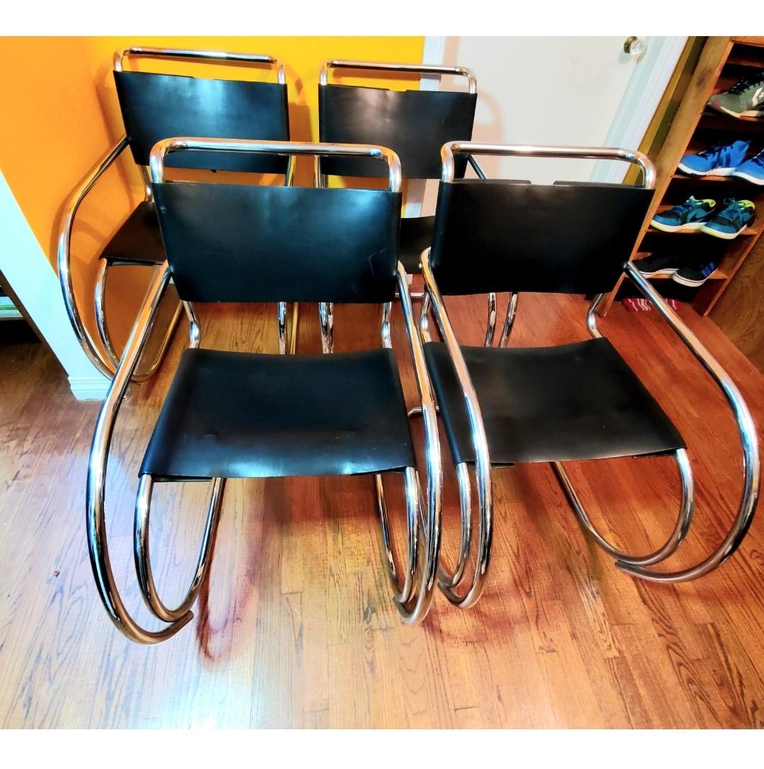 Set of 4 magnificent mid century Mies Van Der Rohe MR 20 cantilever black leather armchairs
Corseted black leather. .
These resided in an Oklahoma State building for decades.
Still have the state of Oklahoma stickers on the bottom.
One of the chairs