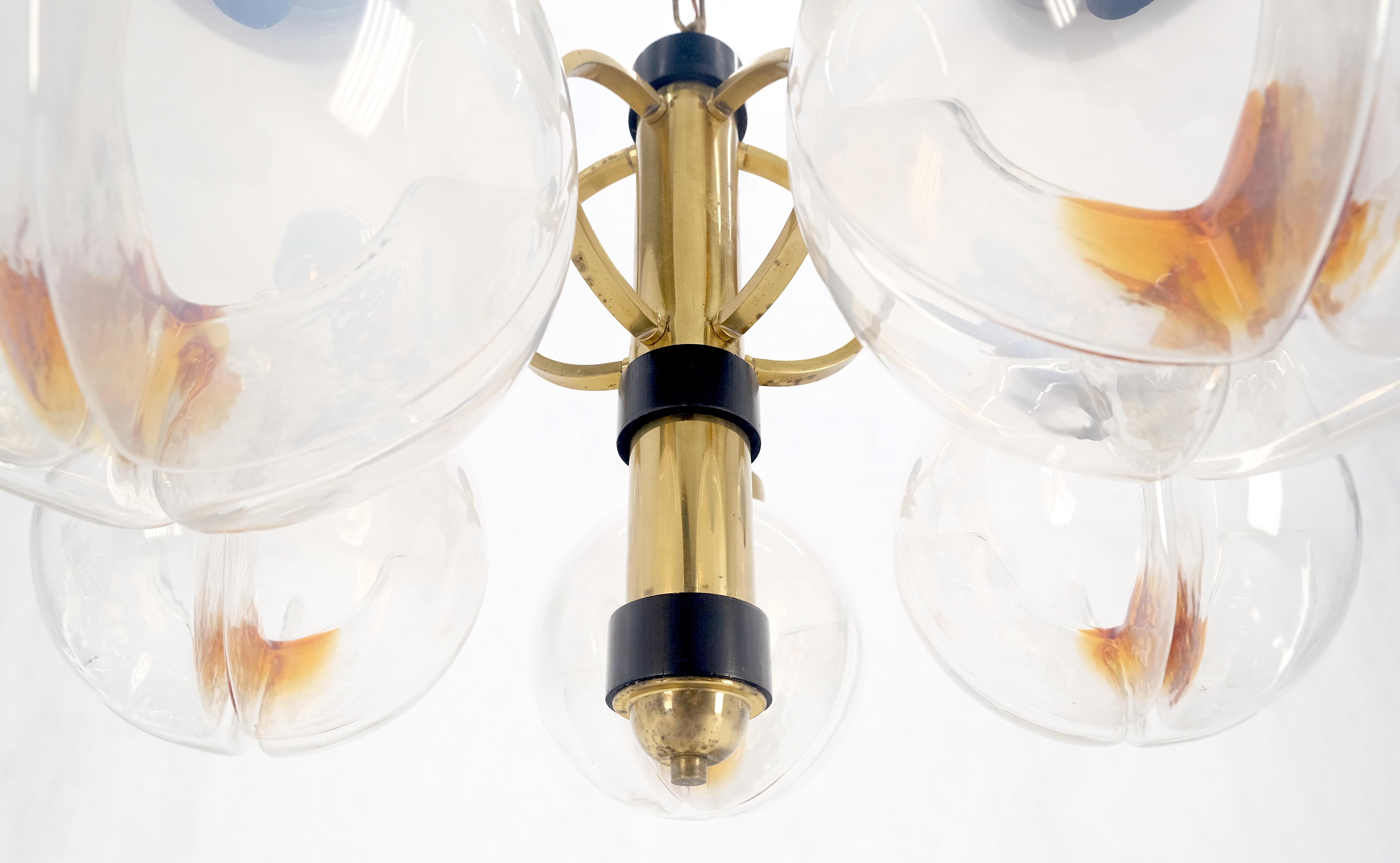 Mid-Century Modern Mid Century Milk Amber Glass 4 Globe Shades Brass Light Fixture Chandelier MINT For Sale