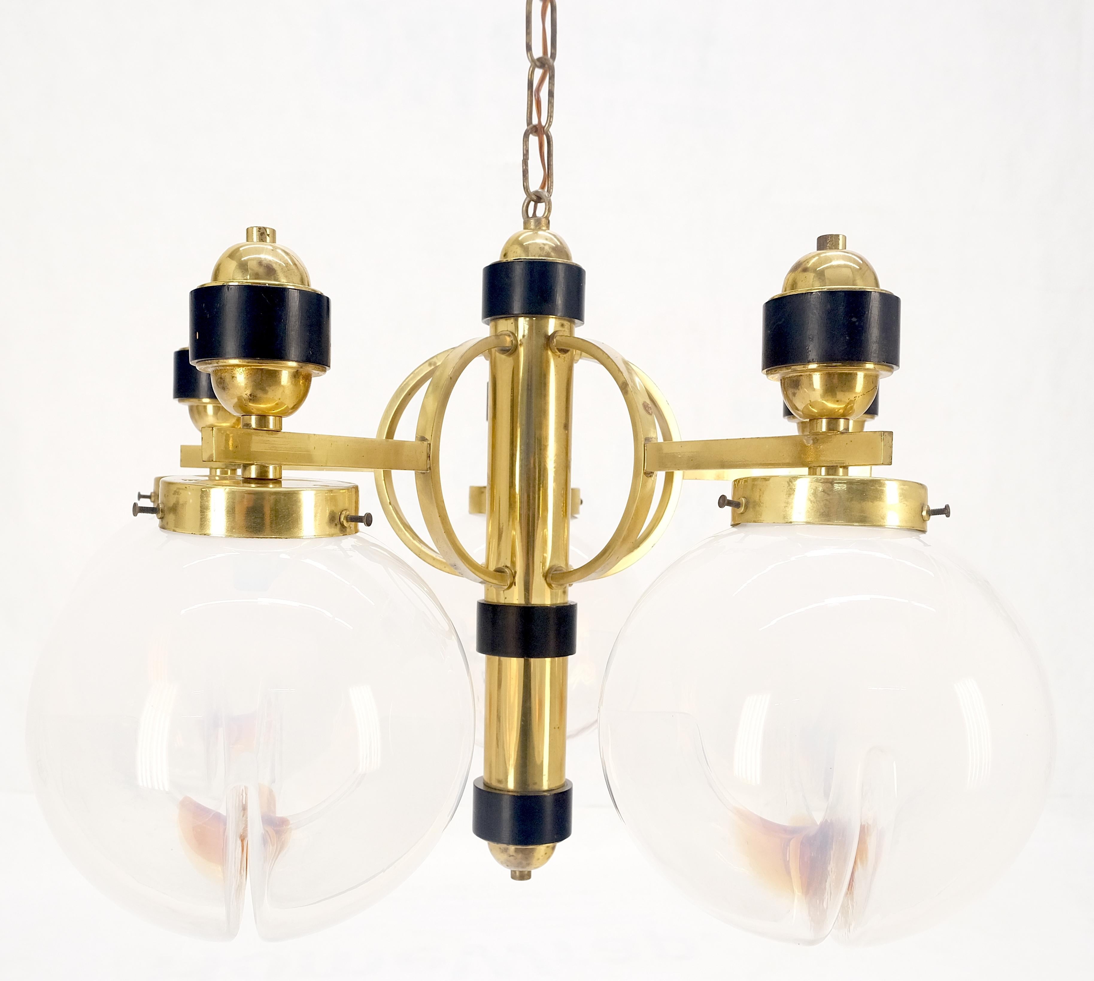 American Mid Century Milk Amber Glass 4 Globe Shades Brass Light Fixture Chandelier MINT For Sale