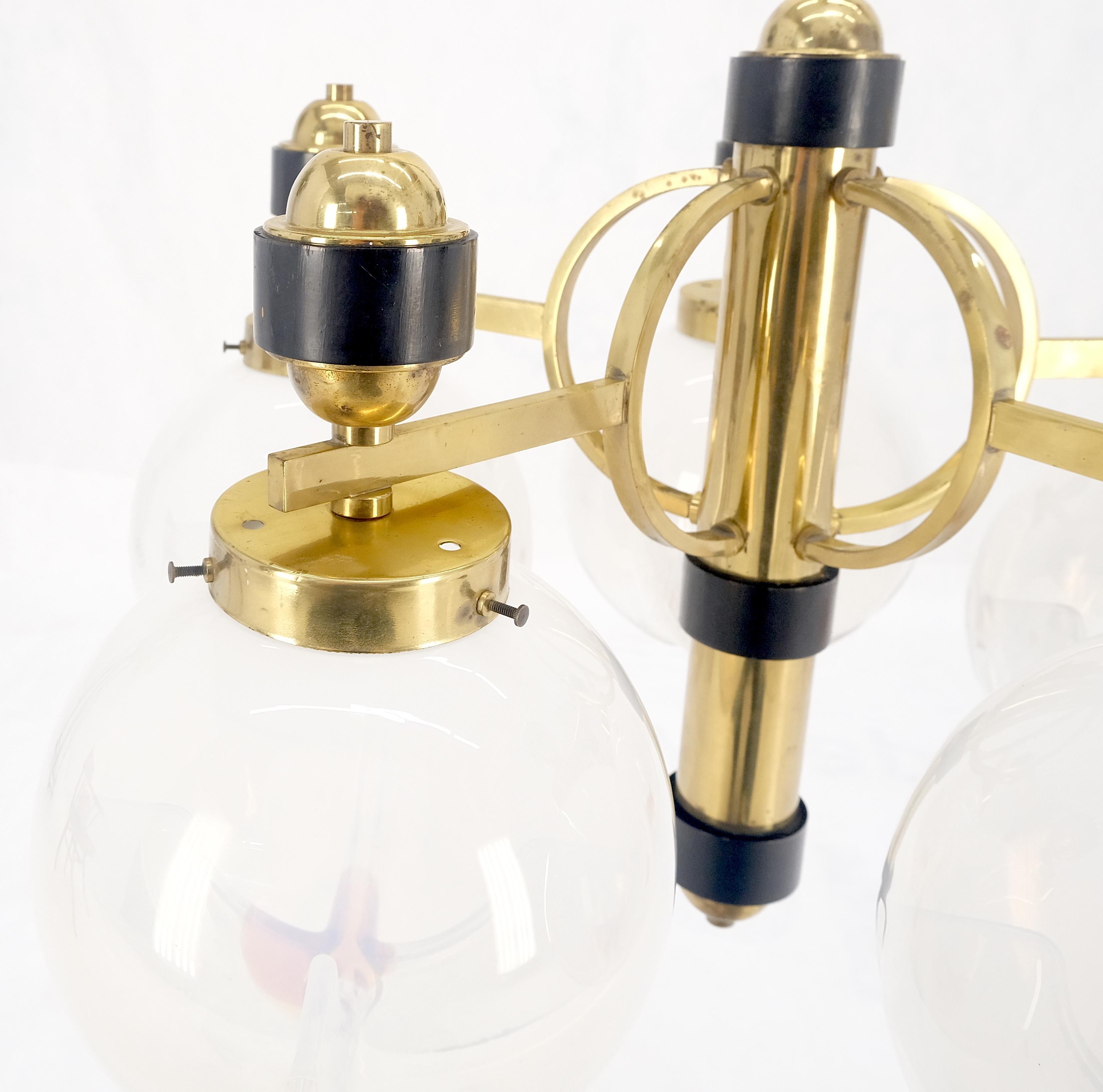 Lacquered Mid Century Milk Amber Glass 4 Globe Shades Brass Light Fixture Chandelier MINT For Sale
