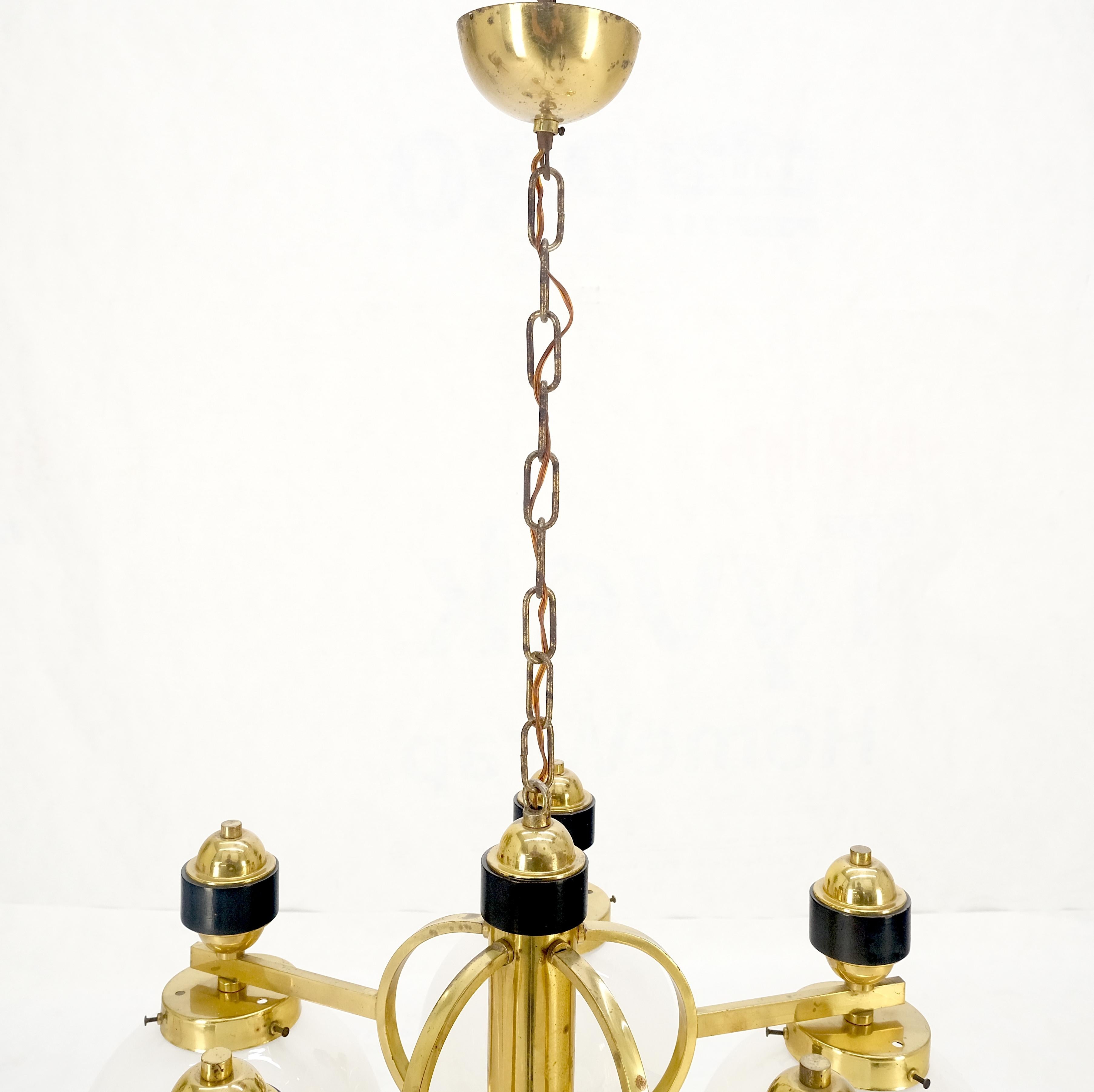 Mid Century Milk Amber Glass 4 Globe Shades Brass Light Fixture Chandelier MINT For Sale 1